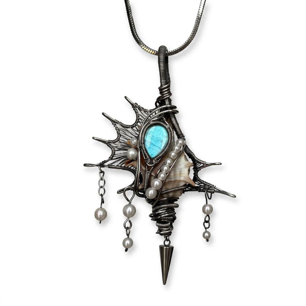 Larimar Shell Pendant | Antique Silver Copper Pearl & Spike Gothic Necklace