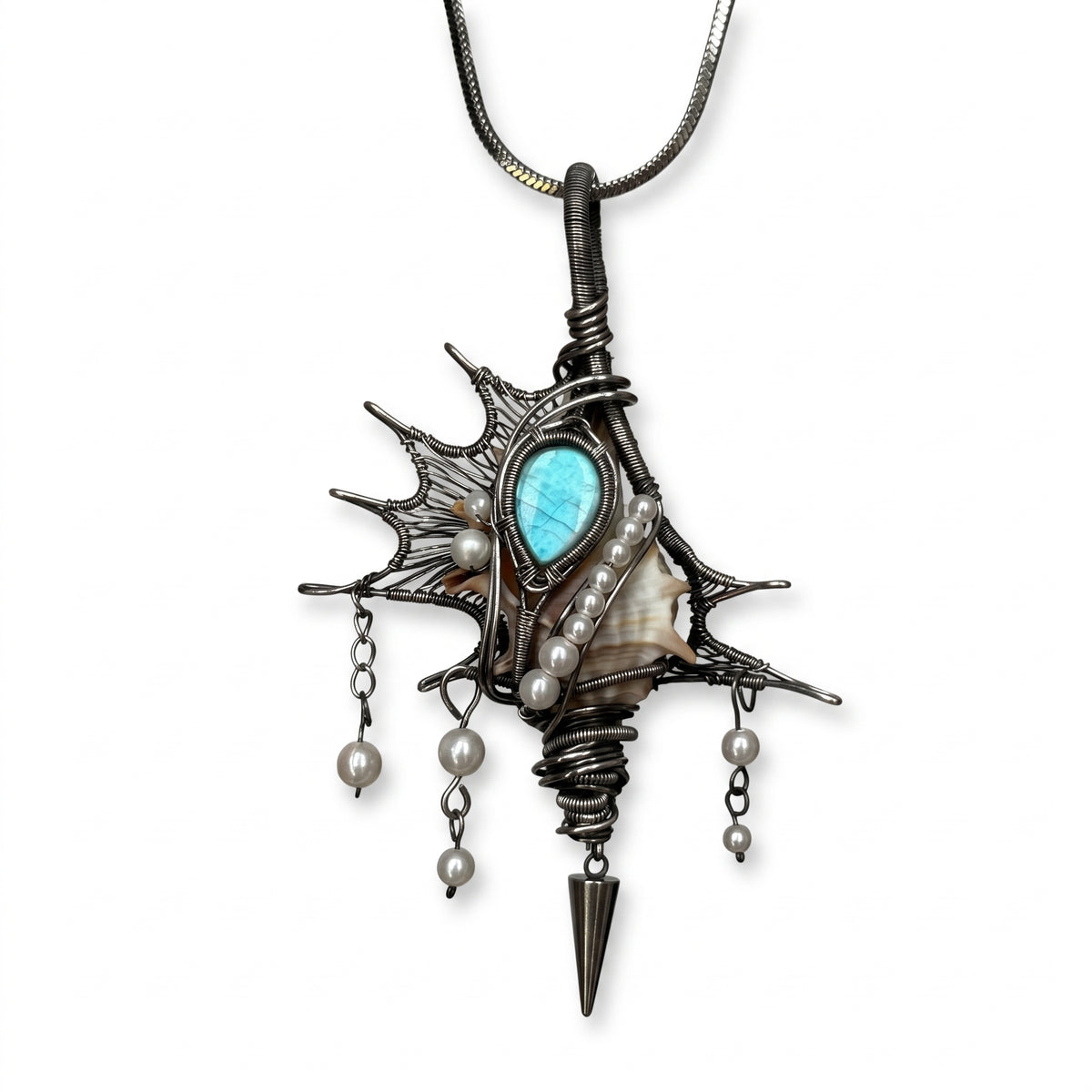 Larimar Shell Pendant | Antique Silver Copper Pearl & Spike Gothic Necklace