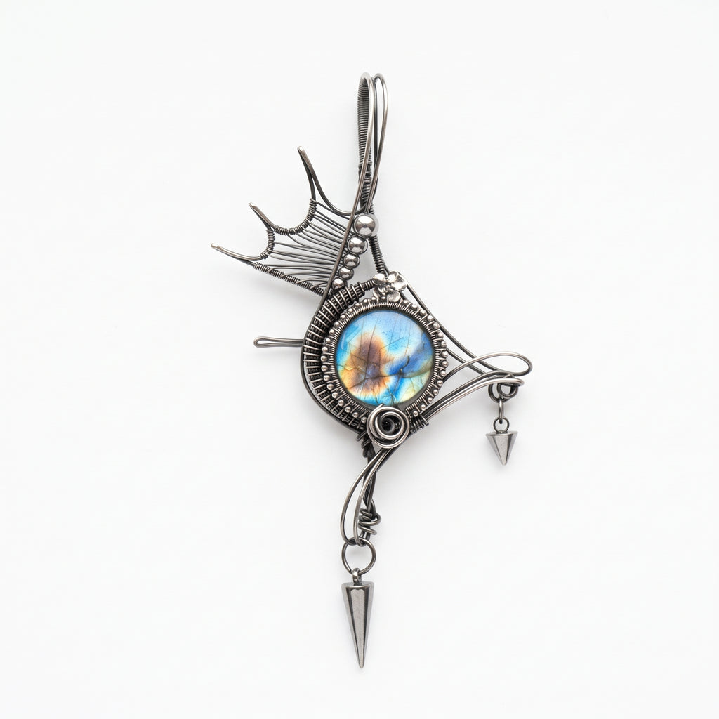 Labradorite Winged Spike Pendant | Antique Silver Copper Gothic Necklace