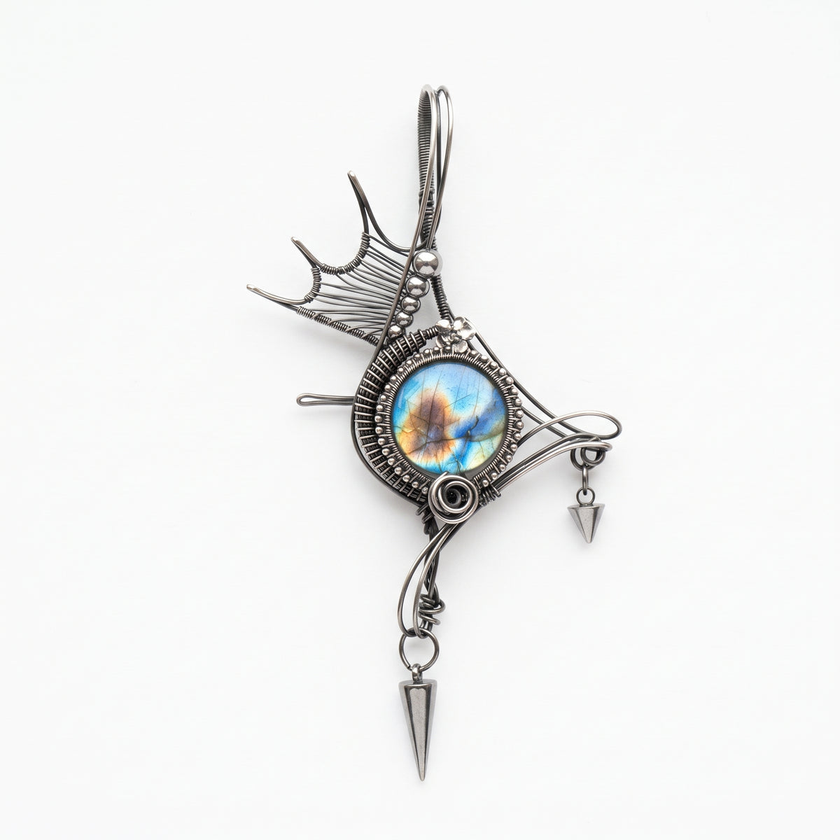 Labradorite Winged Spike Pendant | Antique Silver Copper Gothic Necklace