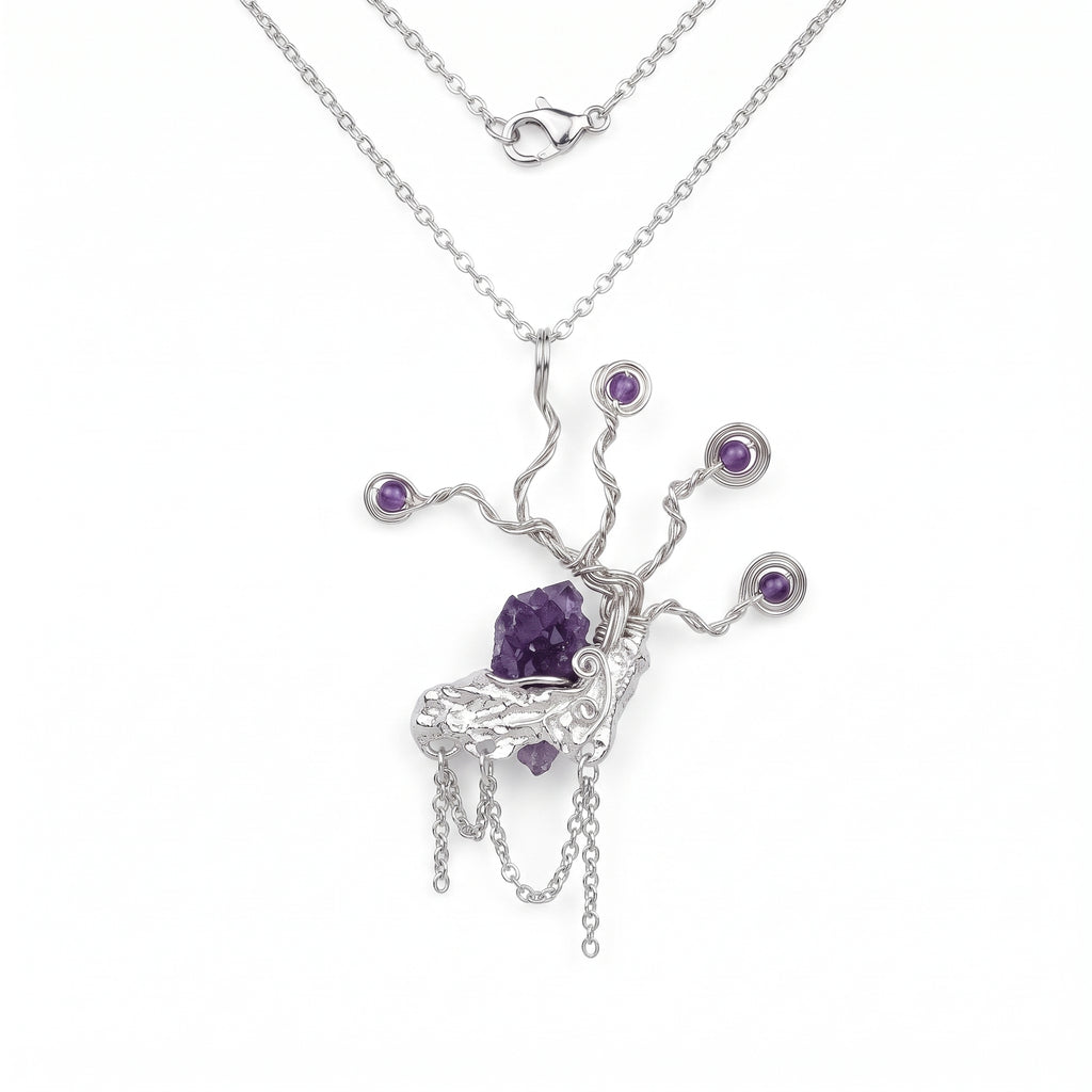 Raw Amethyst Tree Branch Copper Pendant | Silver Copper Wire Wrapped Necklace