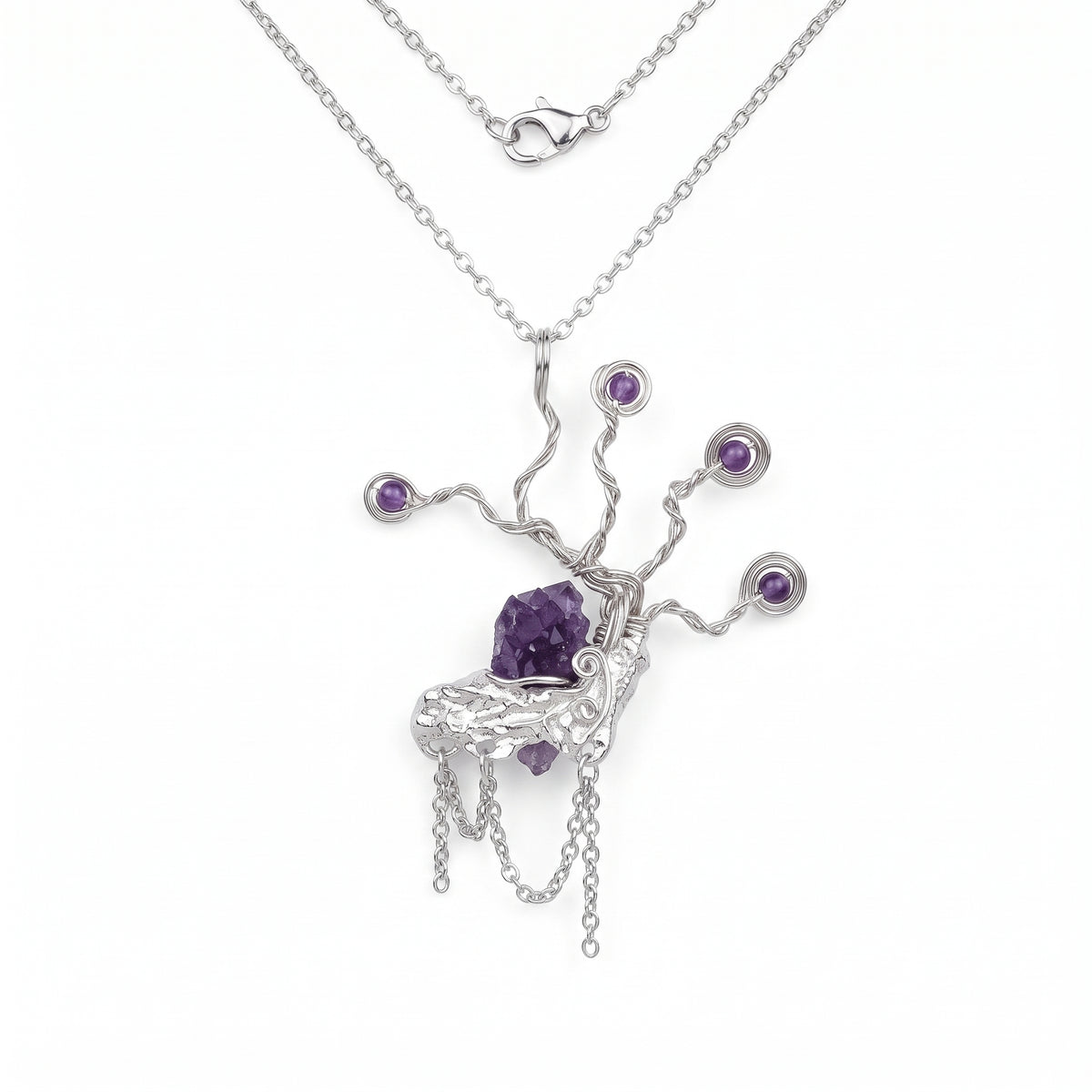 Raw Amethyst Tree Branch Copper Pendant | Silver Copper Wire Wrapped Necklace