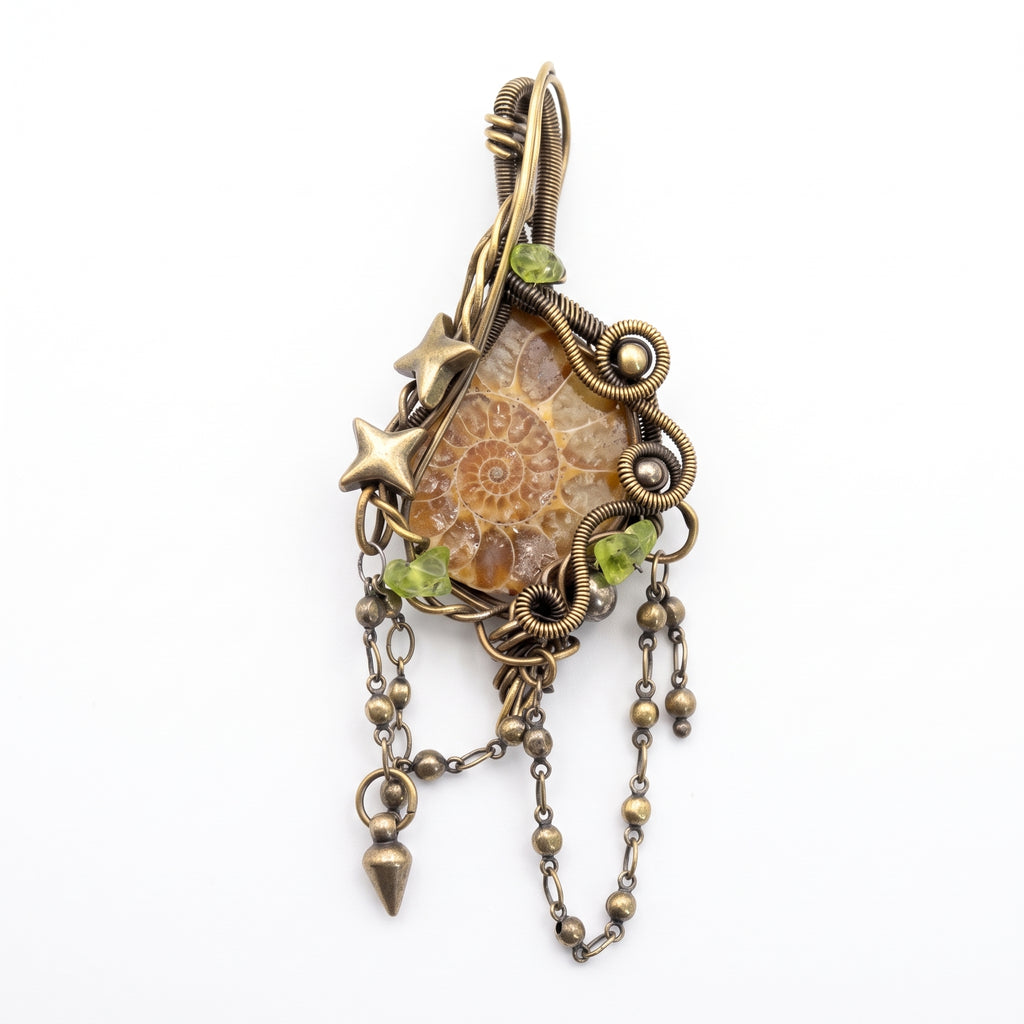Ammonite Fossil Brass Pendant | Wire-Wrapped Star & Bead Fringe Necklace