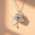 Aquamarine Crystal Cage Pendant | Silver Copper Wire-Wrapped Pearl Necklace