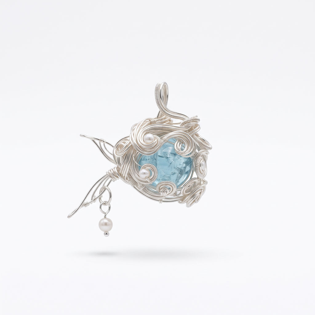 Aquamarine Crystal Cage Pendant | Silver Copper Wire-Wrapped Pearl Necklace