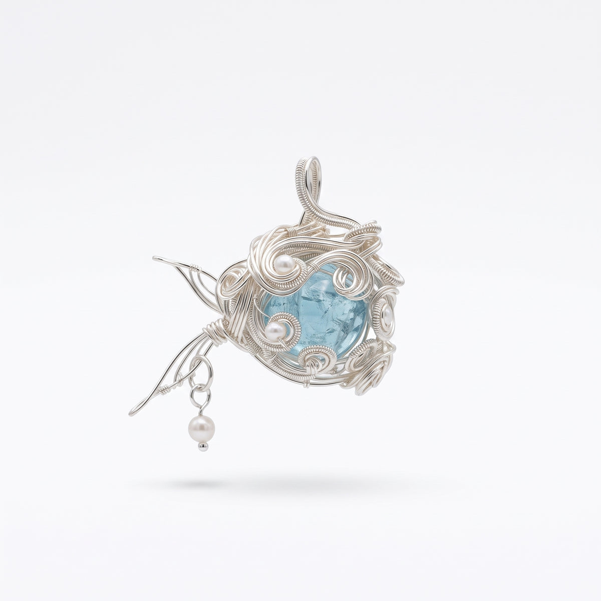 Aquamarine Crystal Cage Pendant | Silver Copper Wire-Wrapped Pearl Necklace