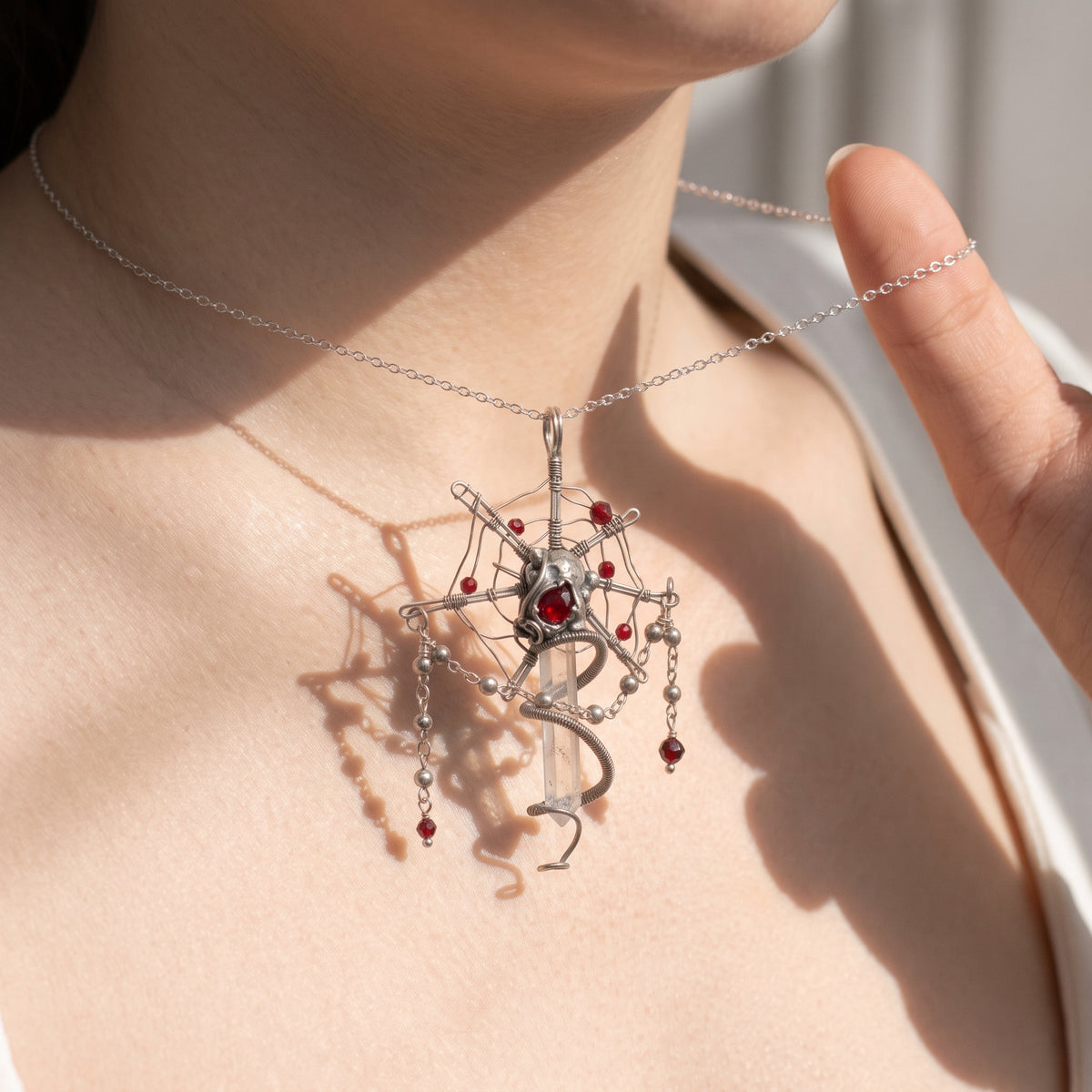 Clear Quartz Crystal Spider Web Pendant | Antique Silver Copper Red Bead Gothic Necklace