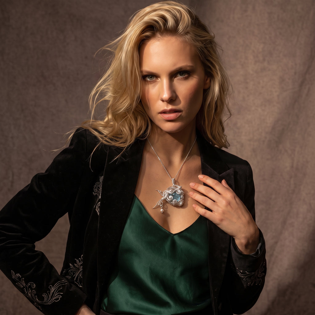 Aquamarine Crystal Cage Pendant | Silver Copper Wire-Wrapped Pearl Necklace
