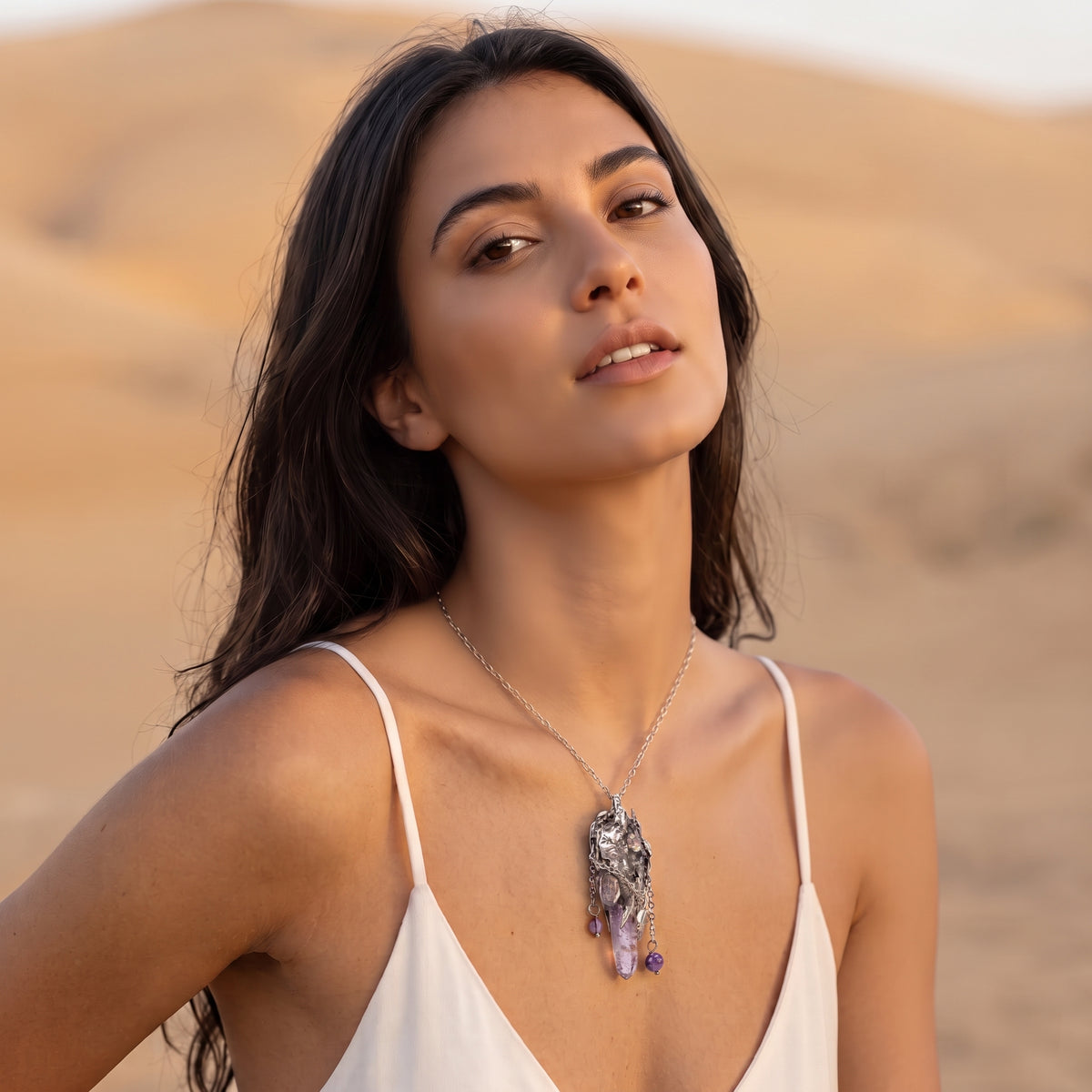 Super Seven Crystal Cluster Pendant | Antique Silver Copper Draped Beaded Necklace
