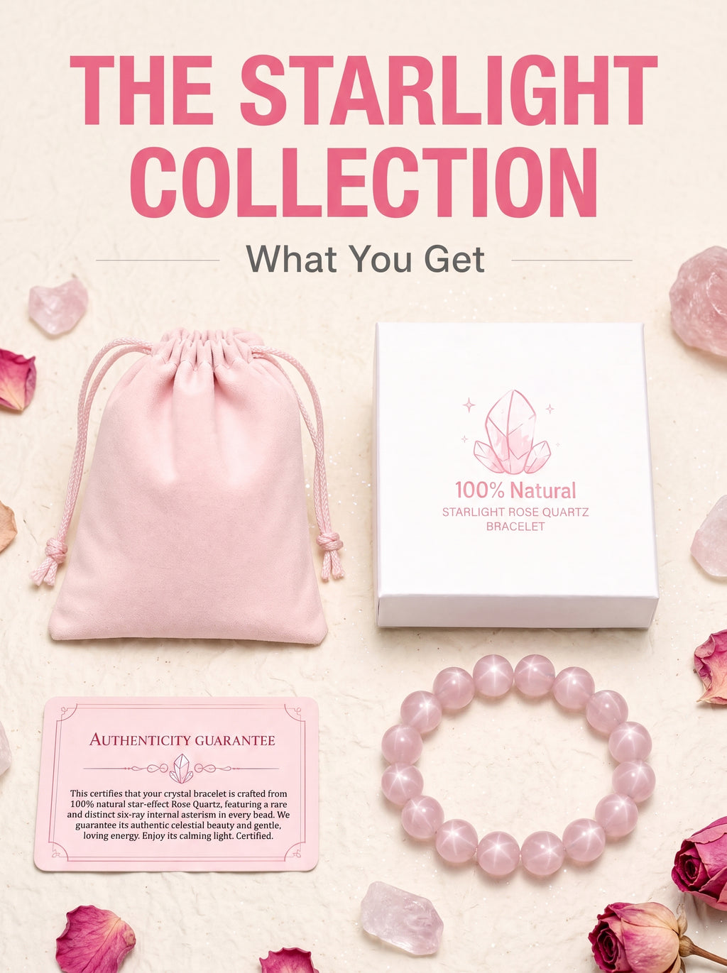 Premium Star Rose Quartz Beaded Bracelet | Hand-Polished Natural Gemstone Jewelry for Attraction & Inner Peace