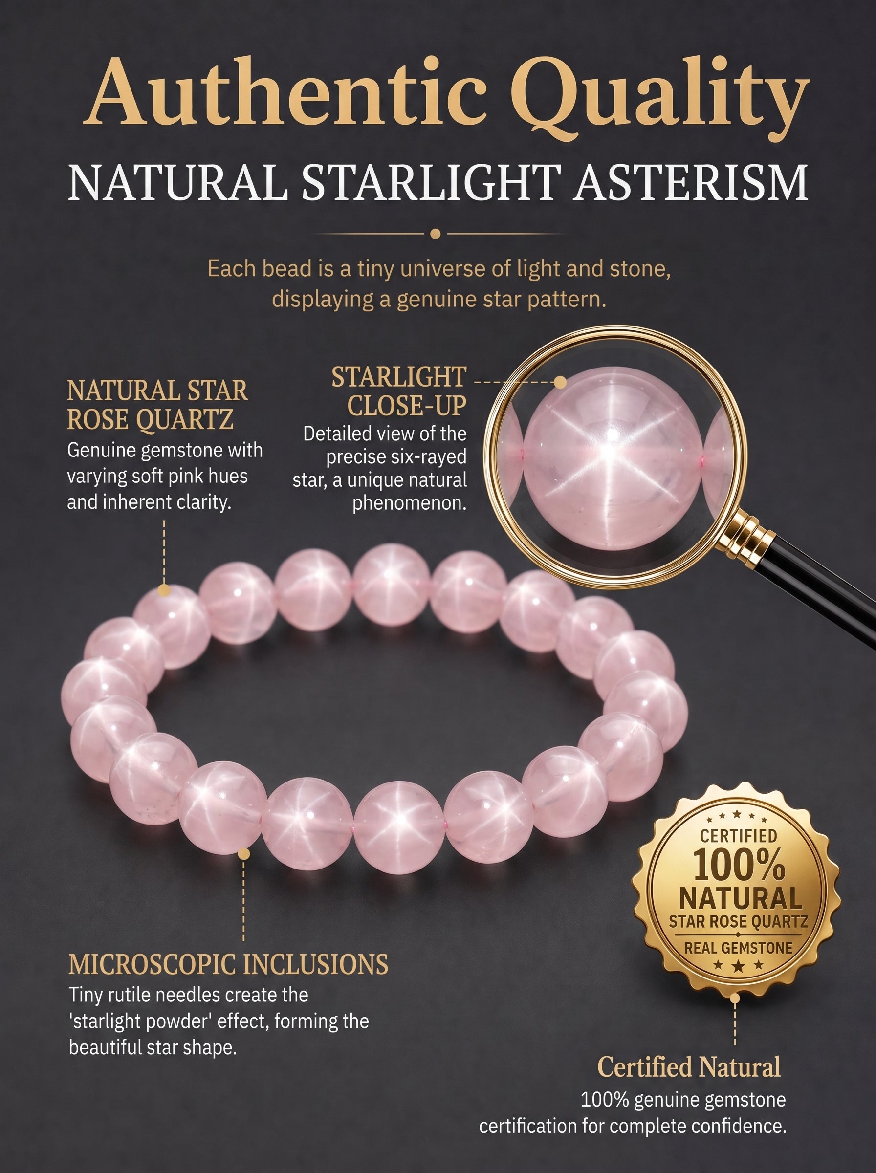 Premium Star Rose Quartz Beaded Bracelet | Hand-Polished Natural Gemstone Jewelry for Attraction & Inner Peace