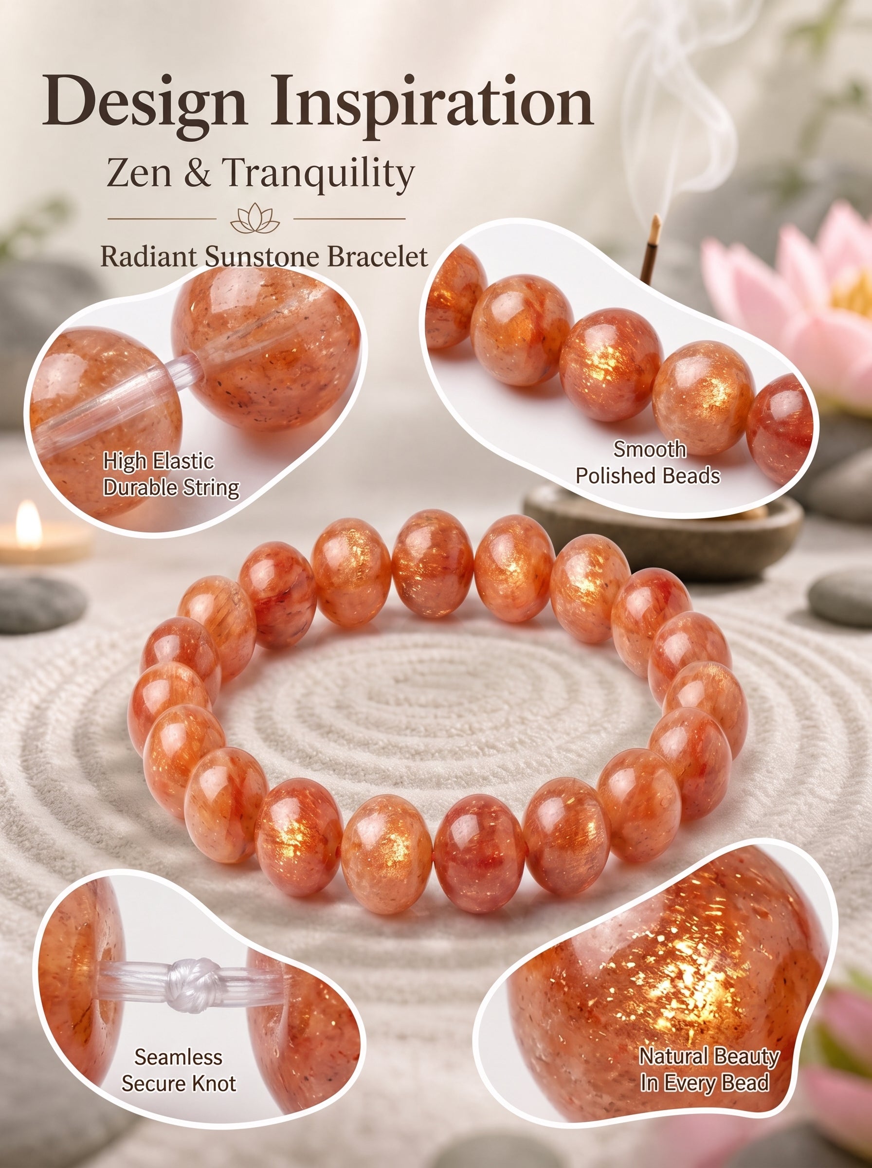 Premium Sunstone Beaded Bracelet | Hand-Polished Natural Gemstone Jewelry for Energy & Confidence