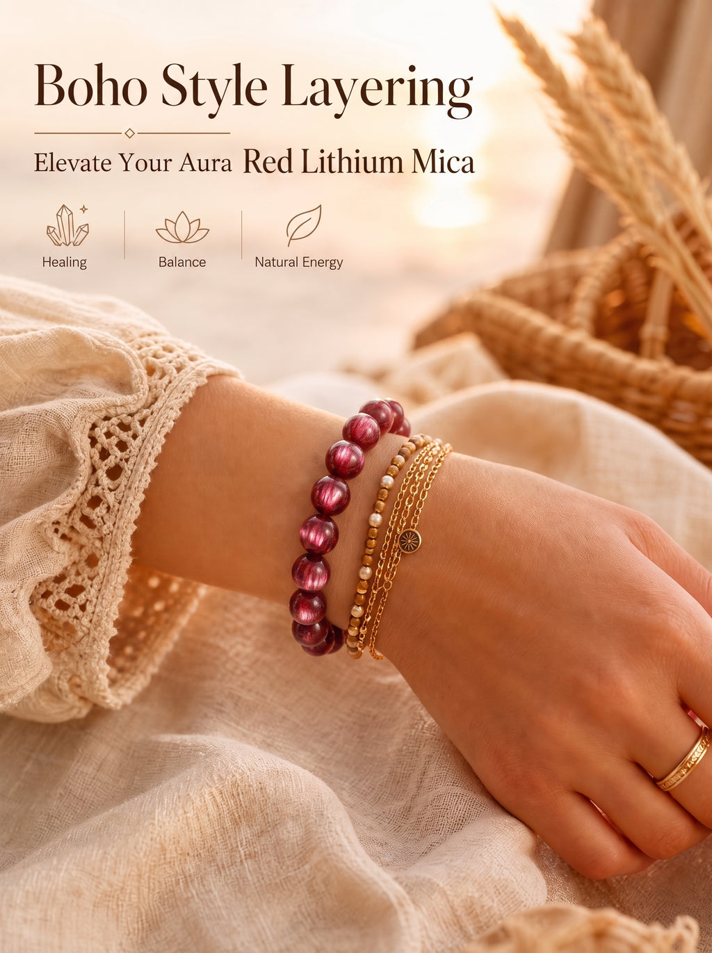 Premium Red Lepidolite Beaded Bracelet | Hand-Polished Natural Gemstone Jewelry for Love & Harmony