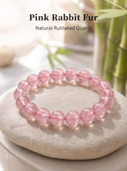 Premium Pink Rabbit Hair Quartz Beaded Bracelet | Hand-Polished Natural Gemstone Jewelry for Softness & Grace