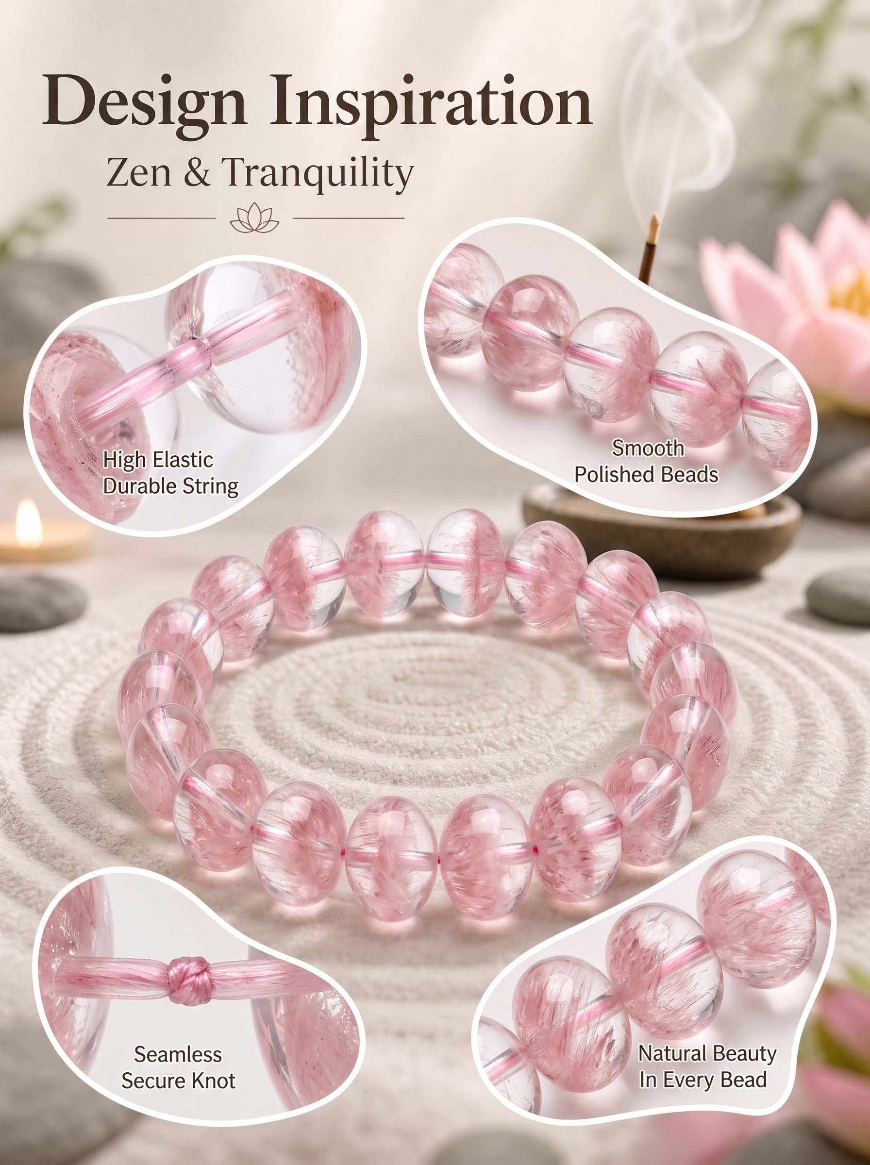 Premium Pink Rabbit Hair Quartz Beaded Bracelet | Hand-Polished Natural Gemstone Jewelry for Softness & Grace