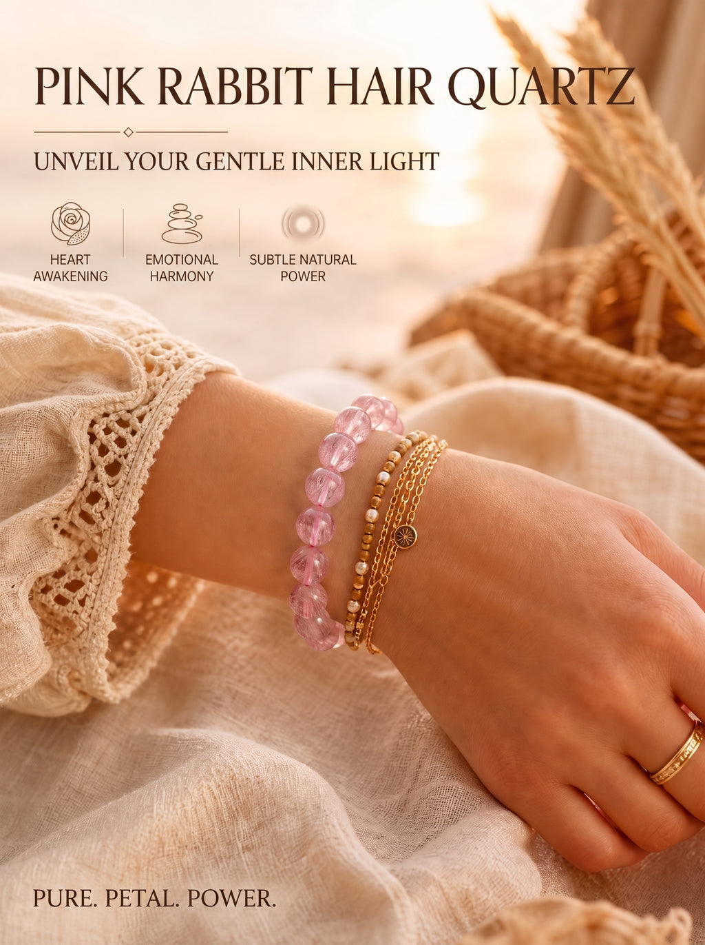 Premium Pink Rabbit Hair Quartz Beaded Bracelet | Hand-Polished Natural Gemstone Jewelry for Softness & Grace