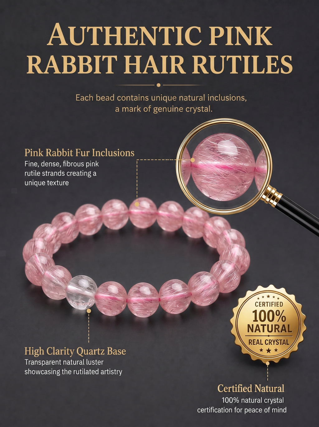 Premium Pink Rabbit Hair Quartz Beaded Bracelet | Hand-Polished Natural Gemstone Jewelry for Softness & Grace