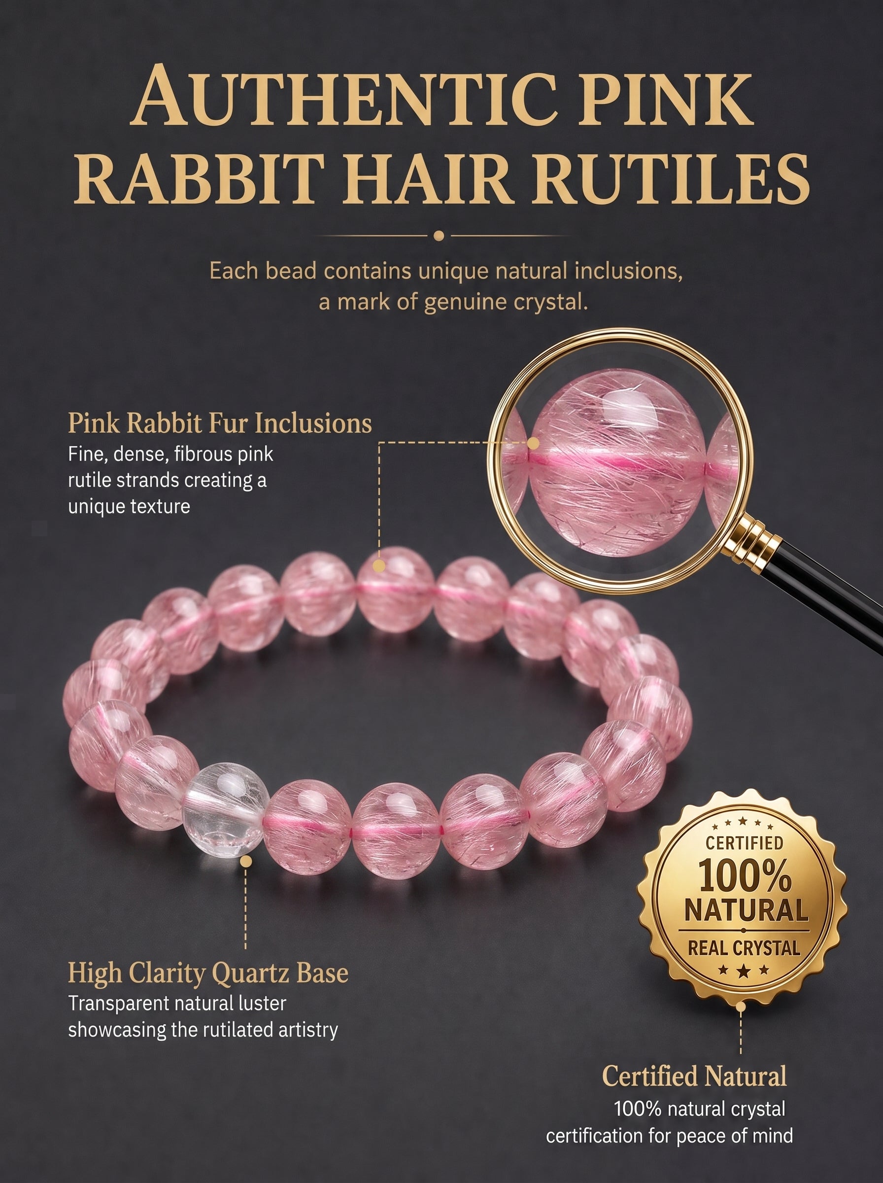 Premium Pink Rabbit Hair Quartz Beaded Bracelet | Hand-Polished Natural Gemstone Jewelry for Softness & Grace