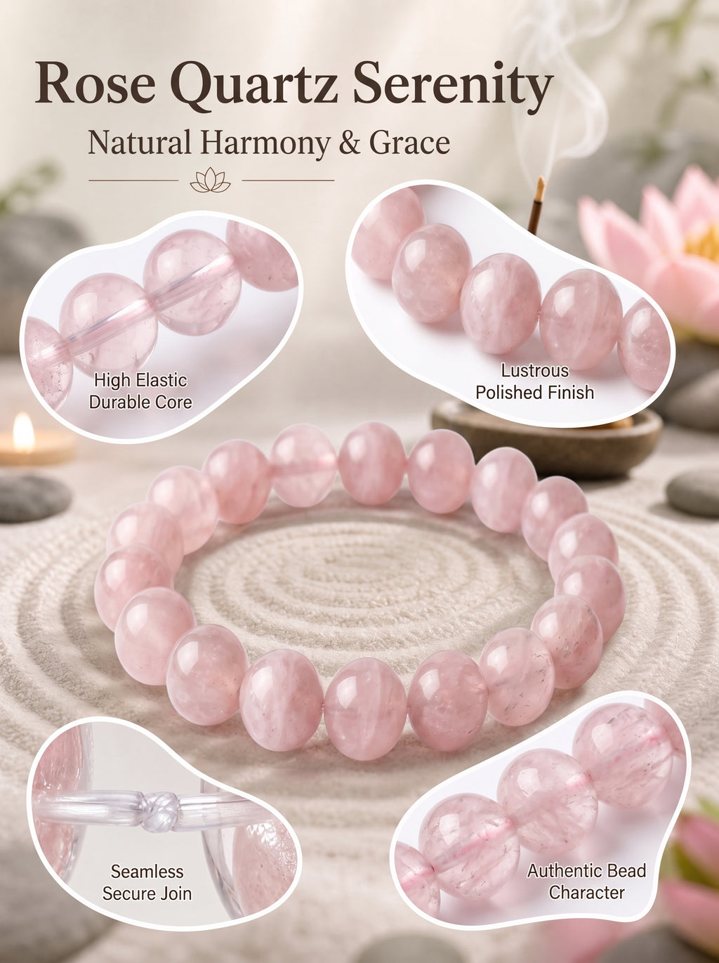 Premium Mozambique Rose Quartz Beaded Bracelet | Hand-Polished Natural Gemstone Jewelry for Inner Peace & Balance