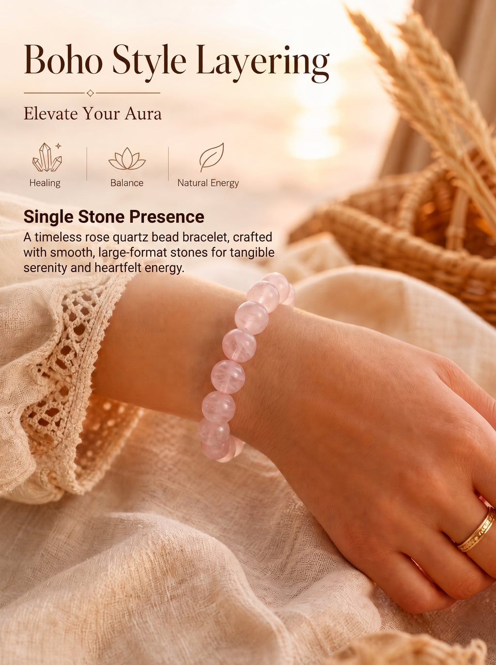 Premium Mozambique Rose Quartz Beaded Bracelet | Hand-Polished Natural Gemstone Jewelry for Inner Peace & Balance