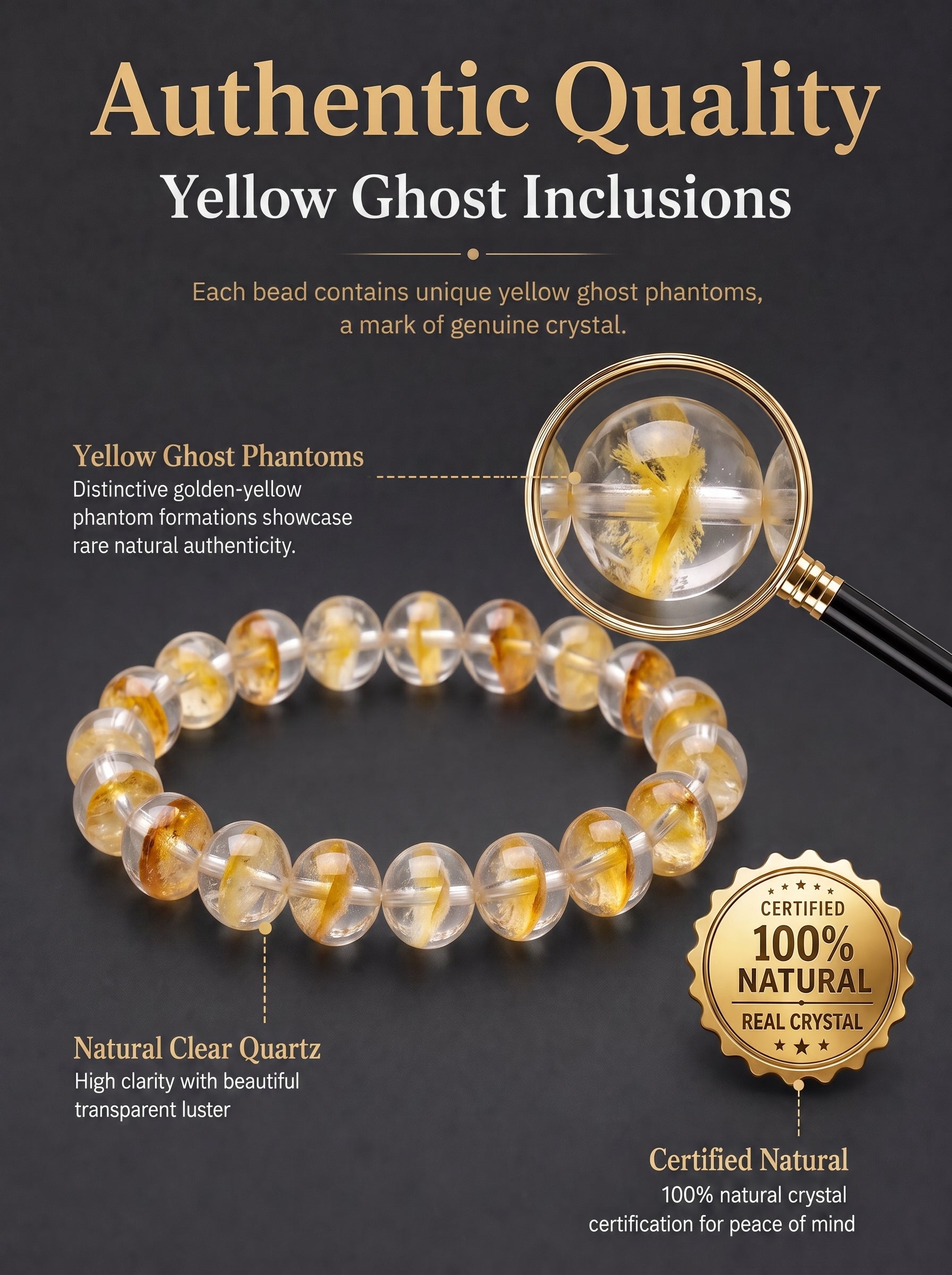 Premium Yellow Phantom Quartz Beaded Bracelet | Hand-Polished Natural Crystal Jewelry for Abundance & Success