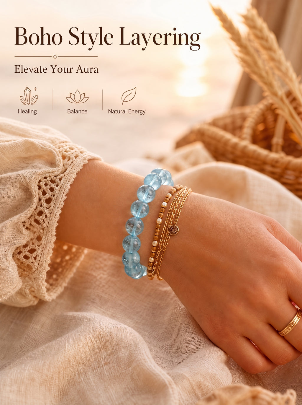 Premium Aquamarine Beaded Bracelet | Hand-Polished Natural Gemstone Jewelry for Clarity & Communication