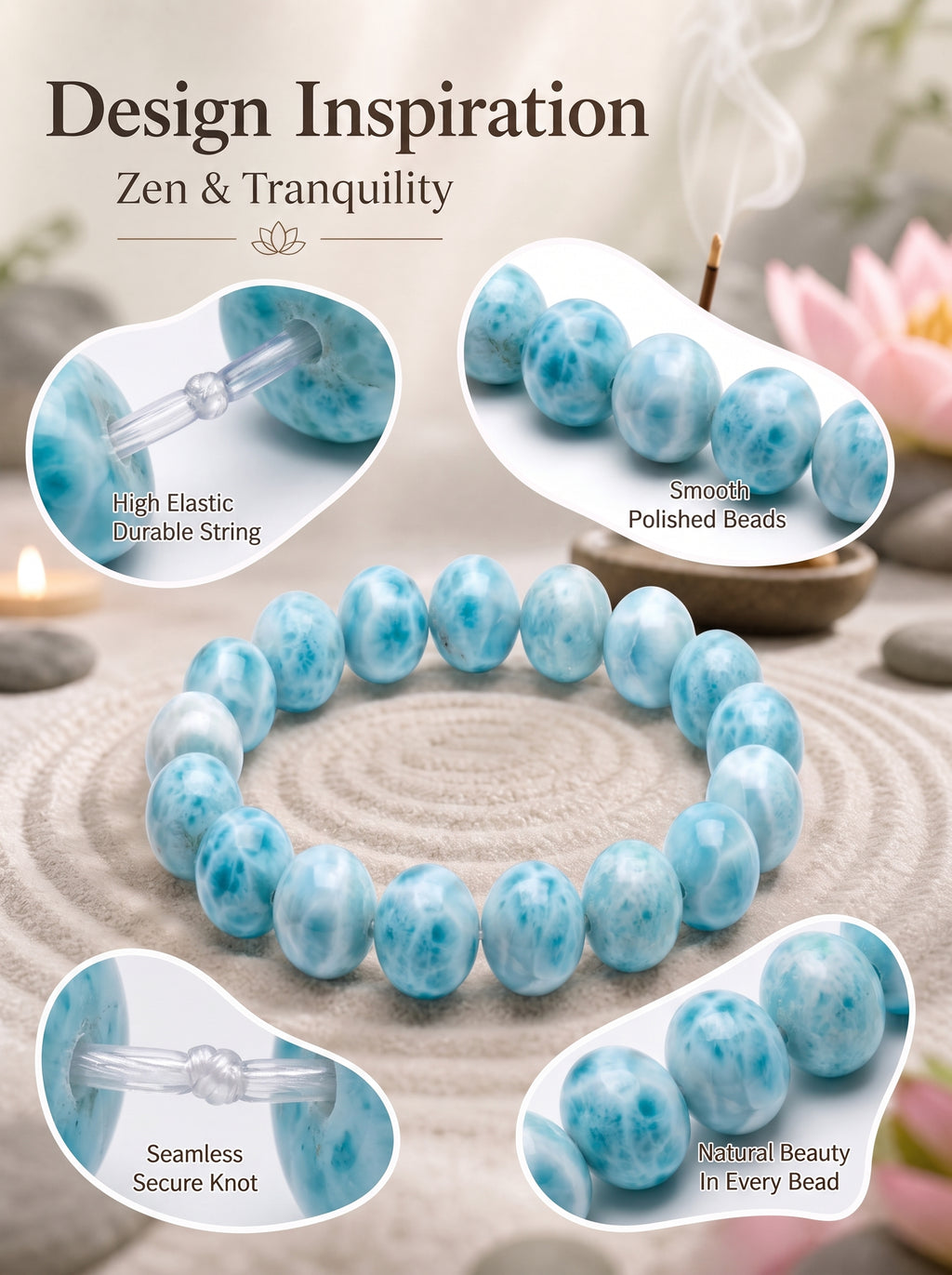 Premium Larimar Beaded Bracelet | Hand-Polished Natural Gemstone Jewelry for Peace & Communication