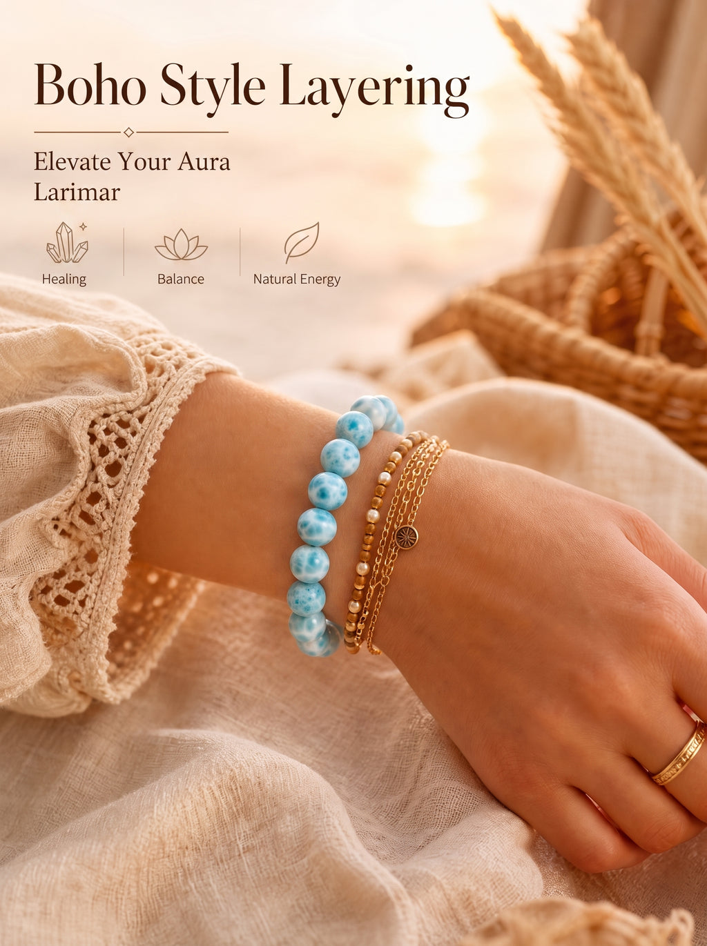 Premium Larimar Beaded Bracelet | Hand-Polished Natural Gemstone Jewelry for Peace & Communication