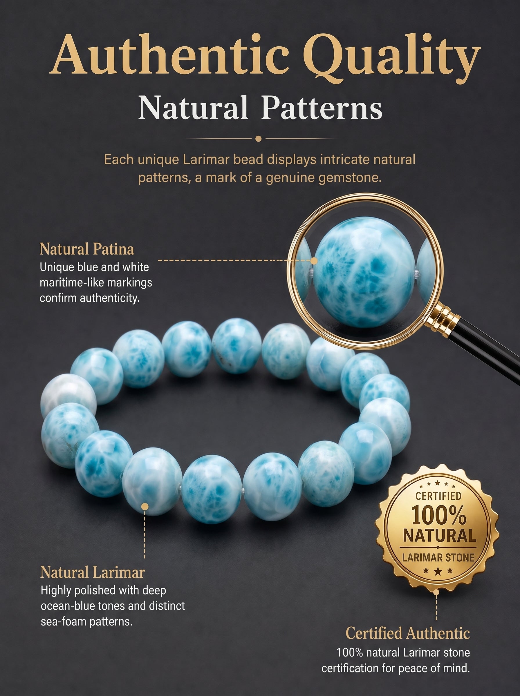 Premium Larimar Beaded Bracelet | Hand-Polished Natural Gemstone Jewelry for Peace & Communication