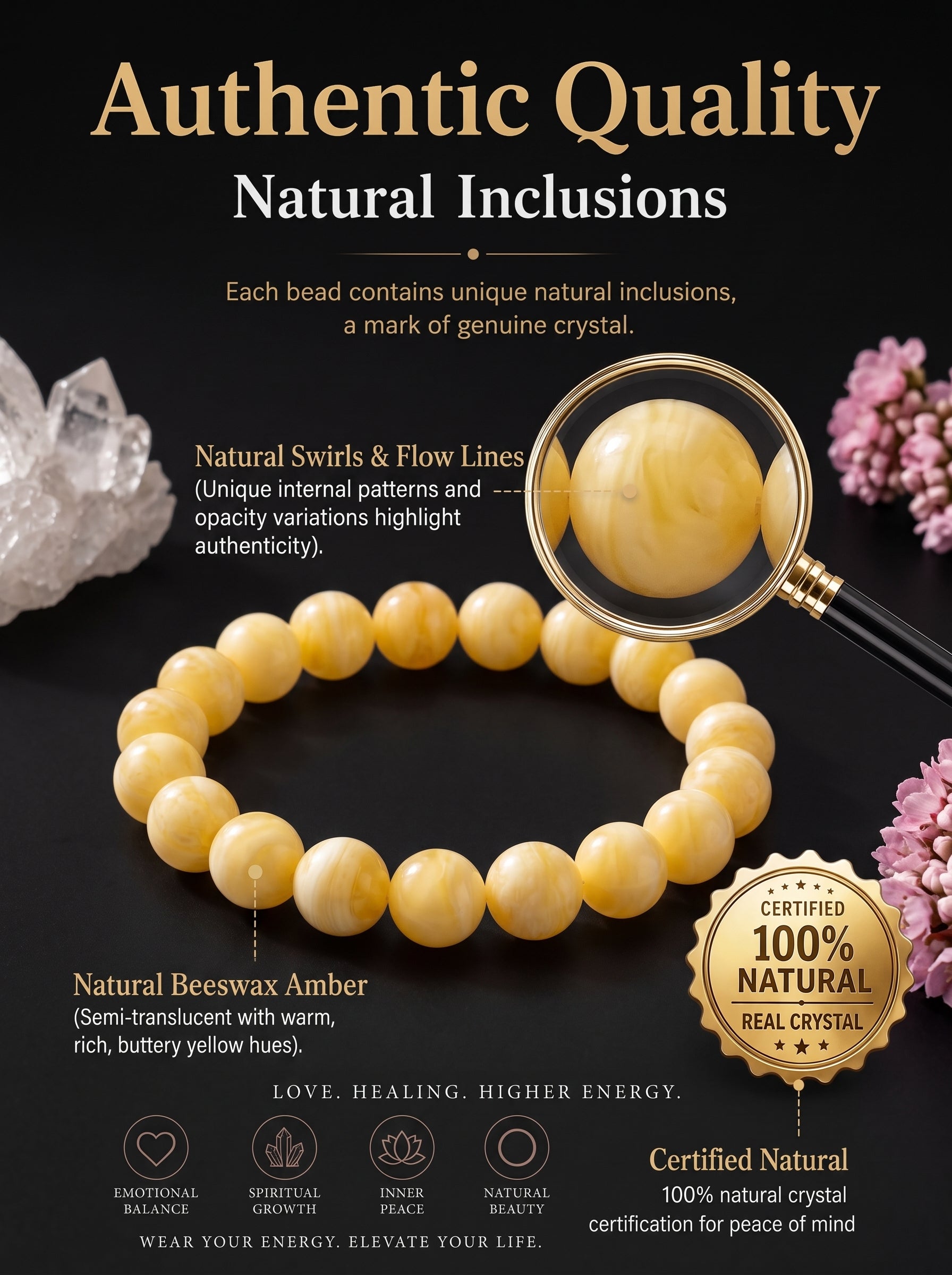 Premium Amber & Crystal Beaded Bracelet | Hand-Polished Organic Gemstone Jewelry for Warmth & Balance