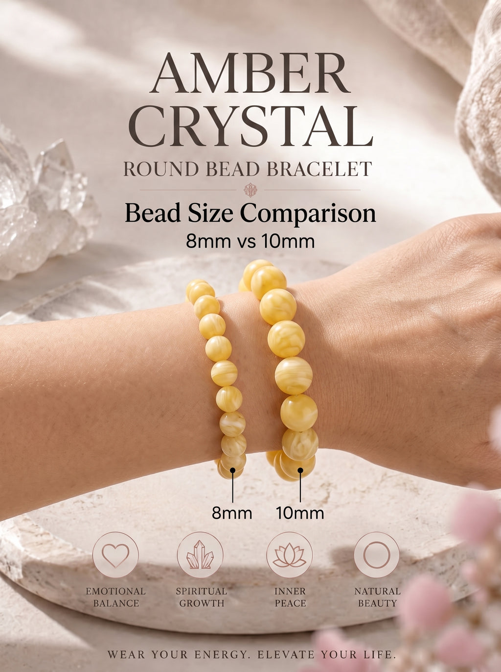 Premium Amber & Crystal Beaded Bracelet | Hand-Polished Organic Gemstone Jewelry for Warmth & Balance
