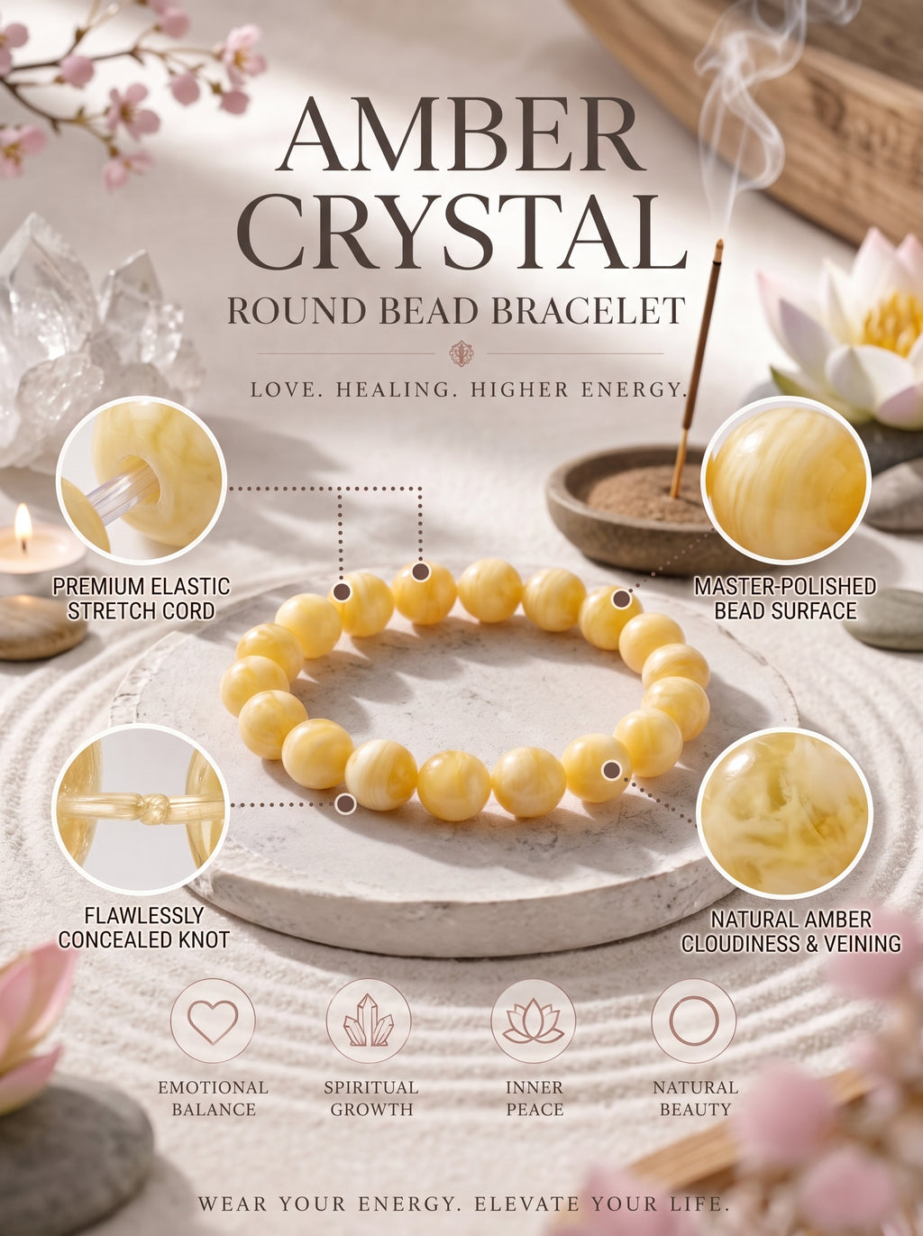 Premium Amber & Crystal Beaded Bracelet | Hand-Polished Organic Gemstone Jewelry for Warmth & Balance