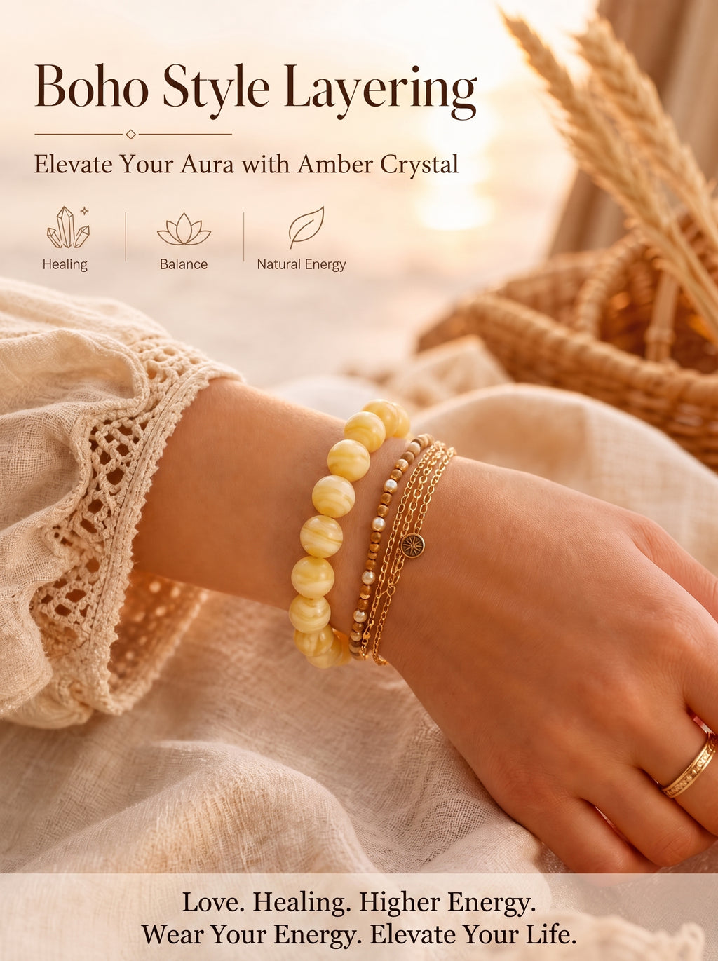 Premium Amber & Crystal Beaded Bracelet | Hand-Polished Organic Gemstone Jewelry for Warmth & Balance
