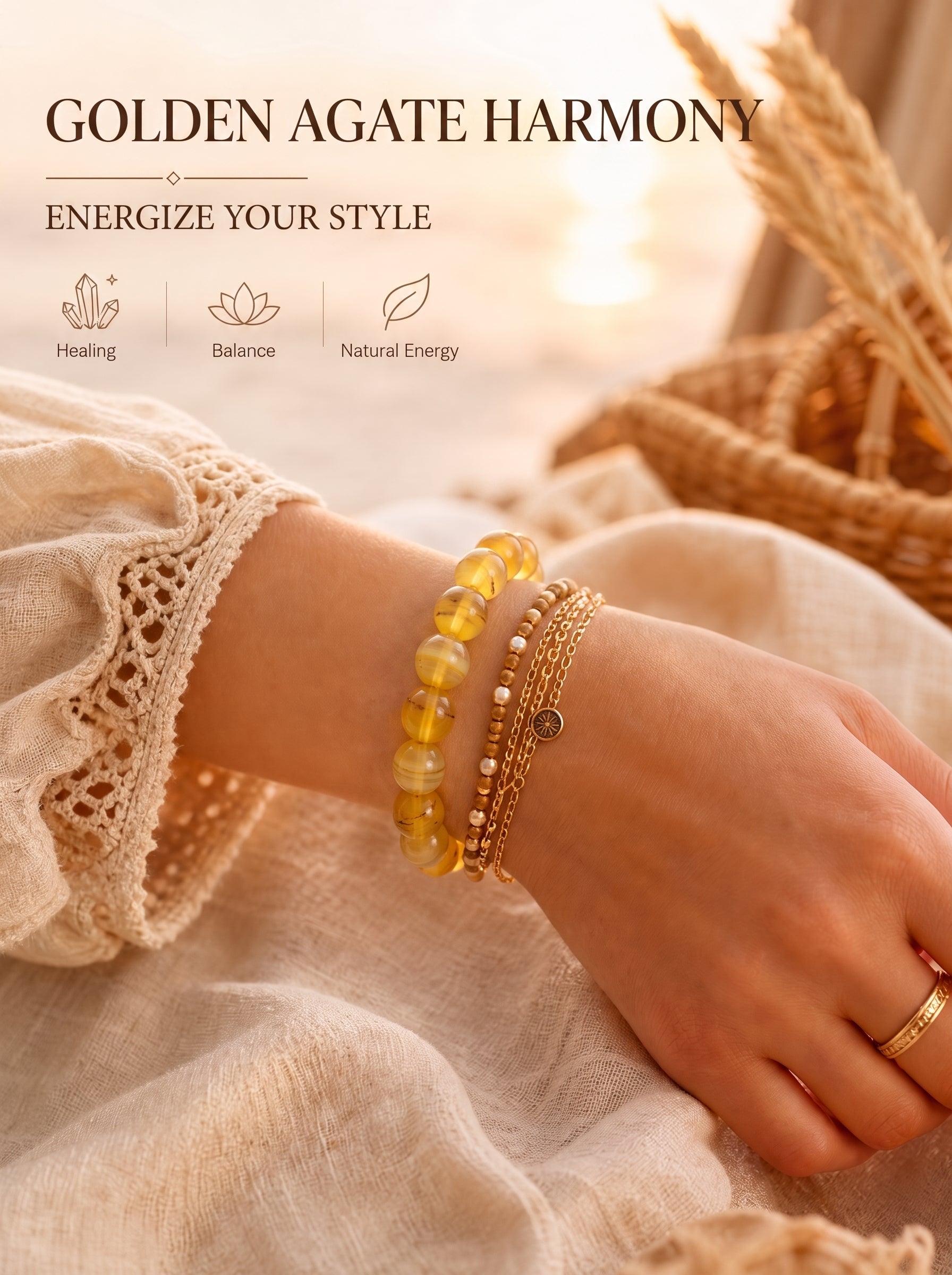 Premium Yellow Agate Beaded Bracelet | Hand-Polished Natural Gemstone Jewelry for Joy & Balance