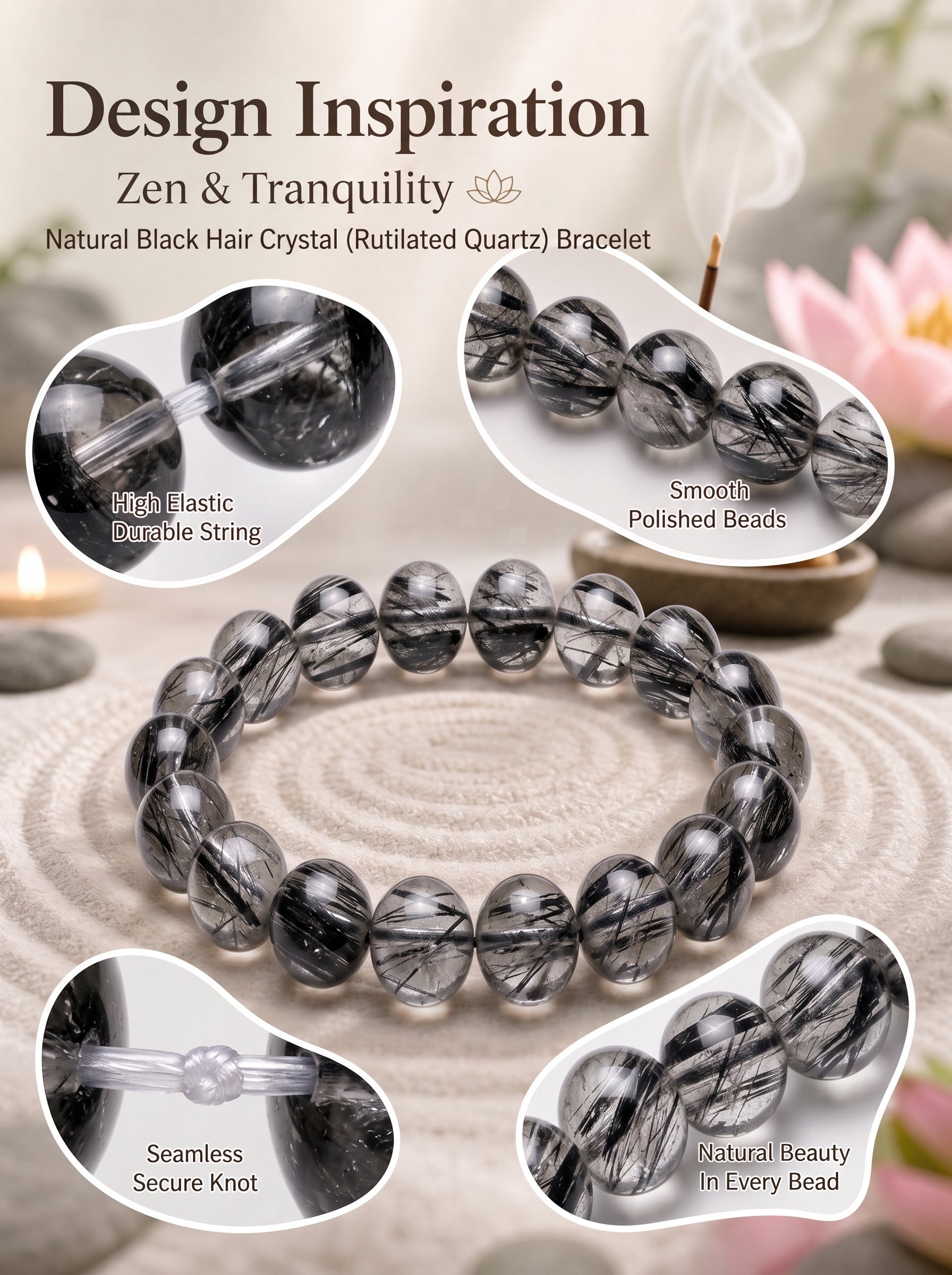Premium Black Rutilated Quartz Beaded Bracelet | Hand-Polished Natural Gemstone Jewelry for Success & Clarity