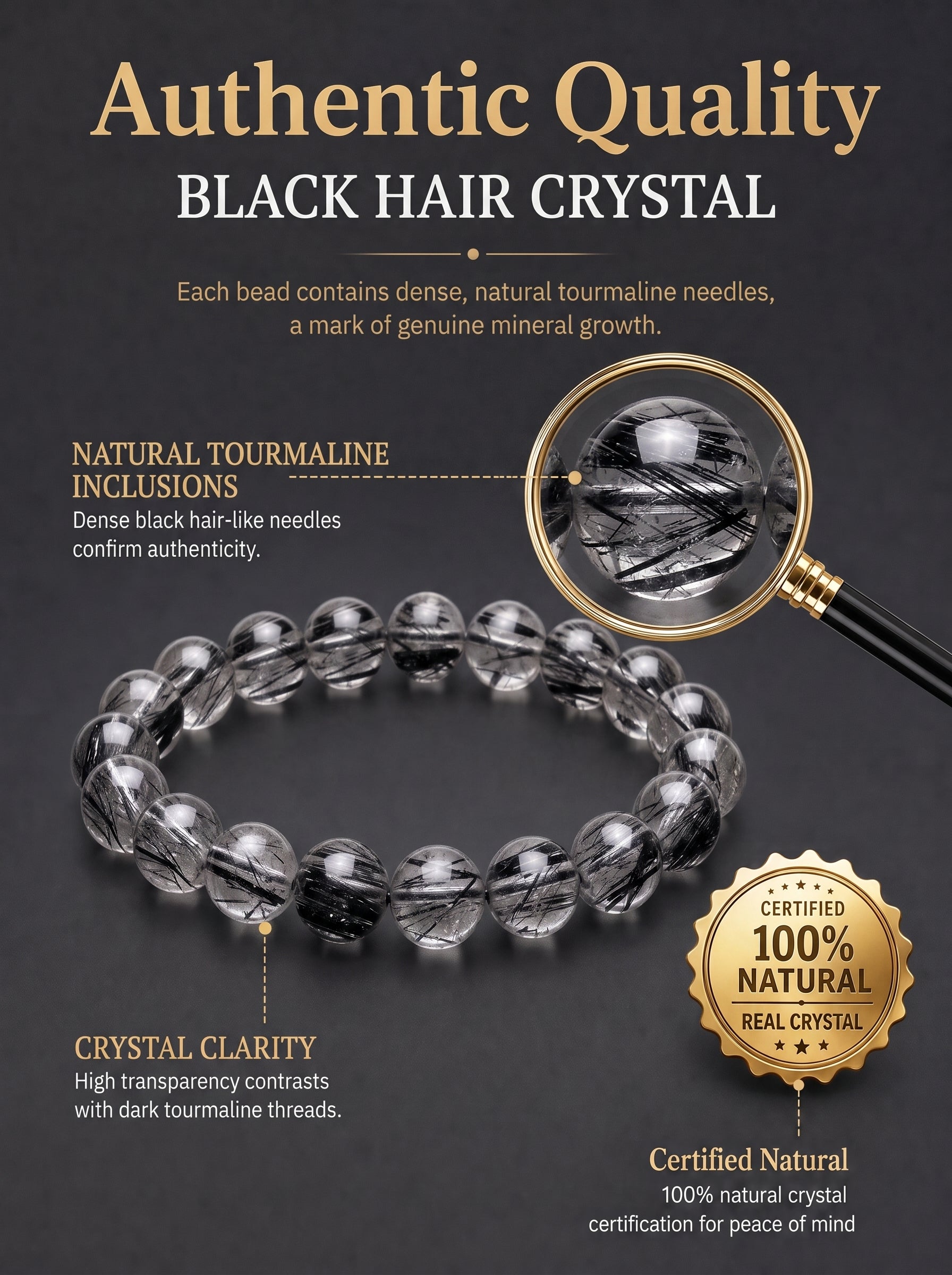 Premium Black Rutilated Quartz Beaded Bracelet | Hand-Polished Natural Gemstone Jewelry for Success & Clarity