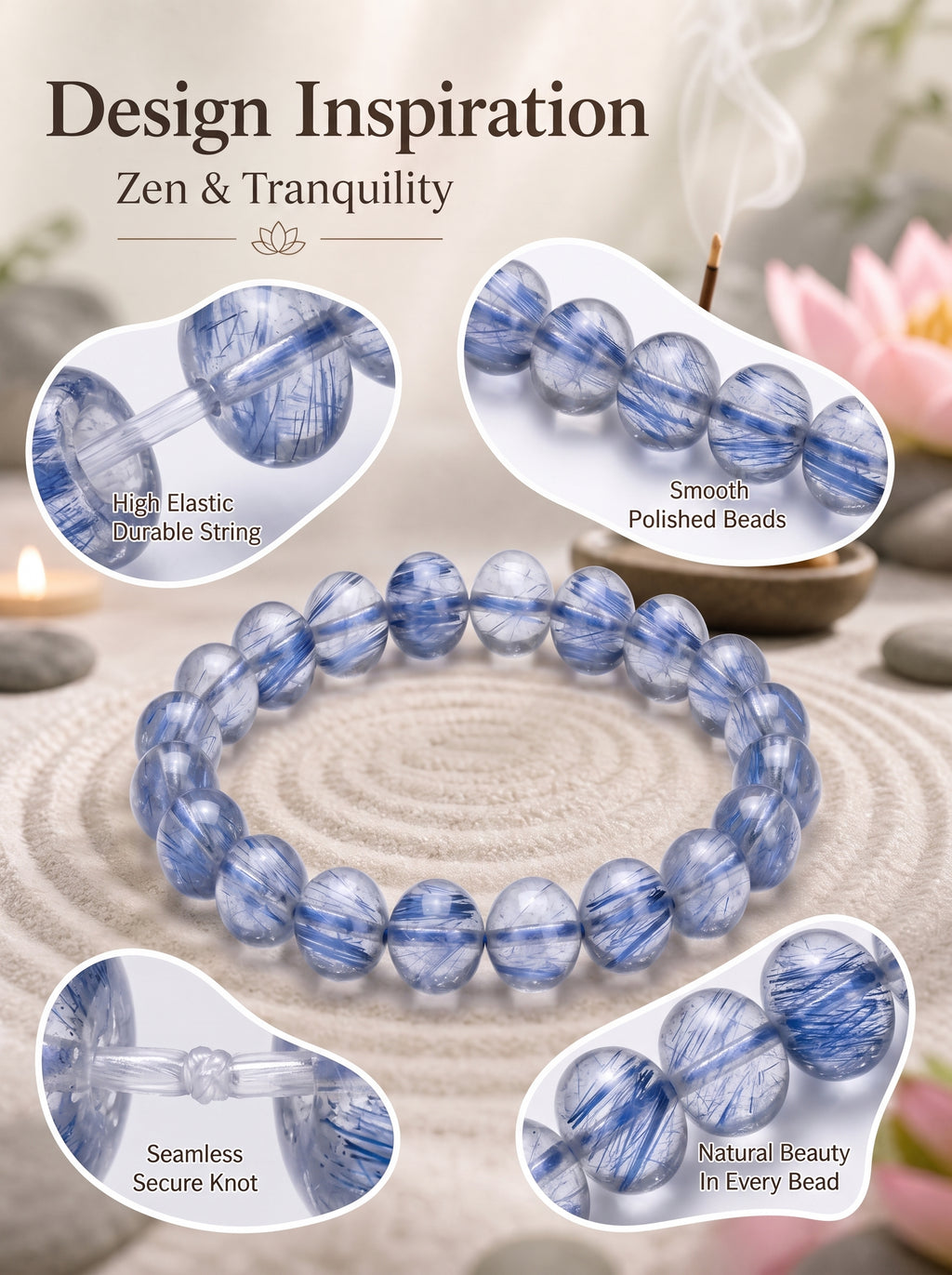 Premium Blue Rutilated Quartz Beaded Bracelet | Hand-Polished Natural Gemstone Jewelry for Abundance