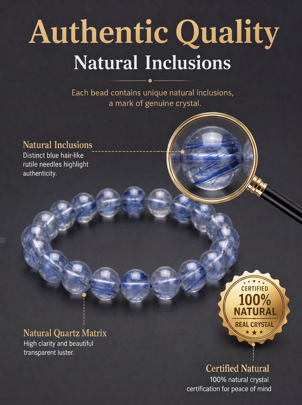 Premium Blue Rutilated Quartz Beaded Bracelet | Hand-Polished Natural Gemstone Jewelry for Abundance