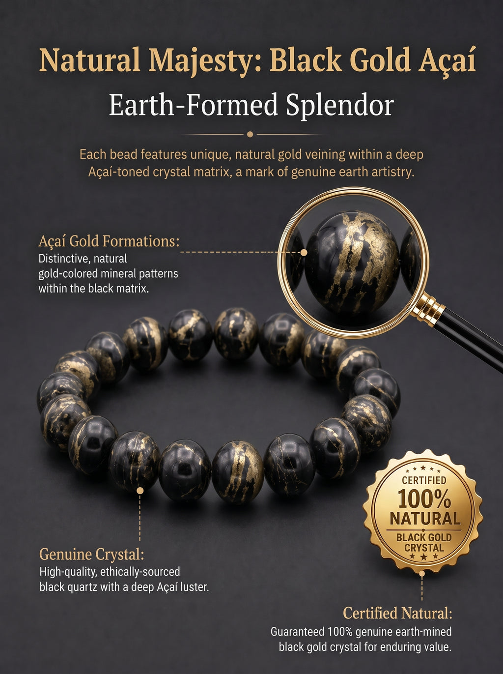 Premium Black Gold Azeztulite Beaded Bracelet | Hand-Polished Natural Gemstone Jewelry for Balance & Harmony
