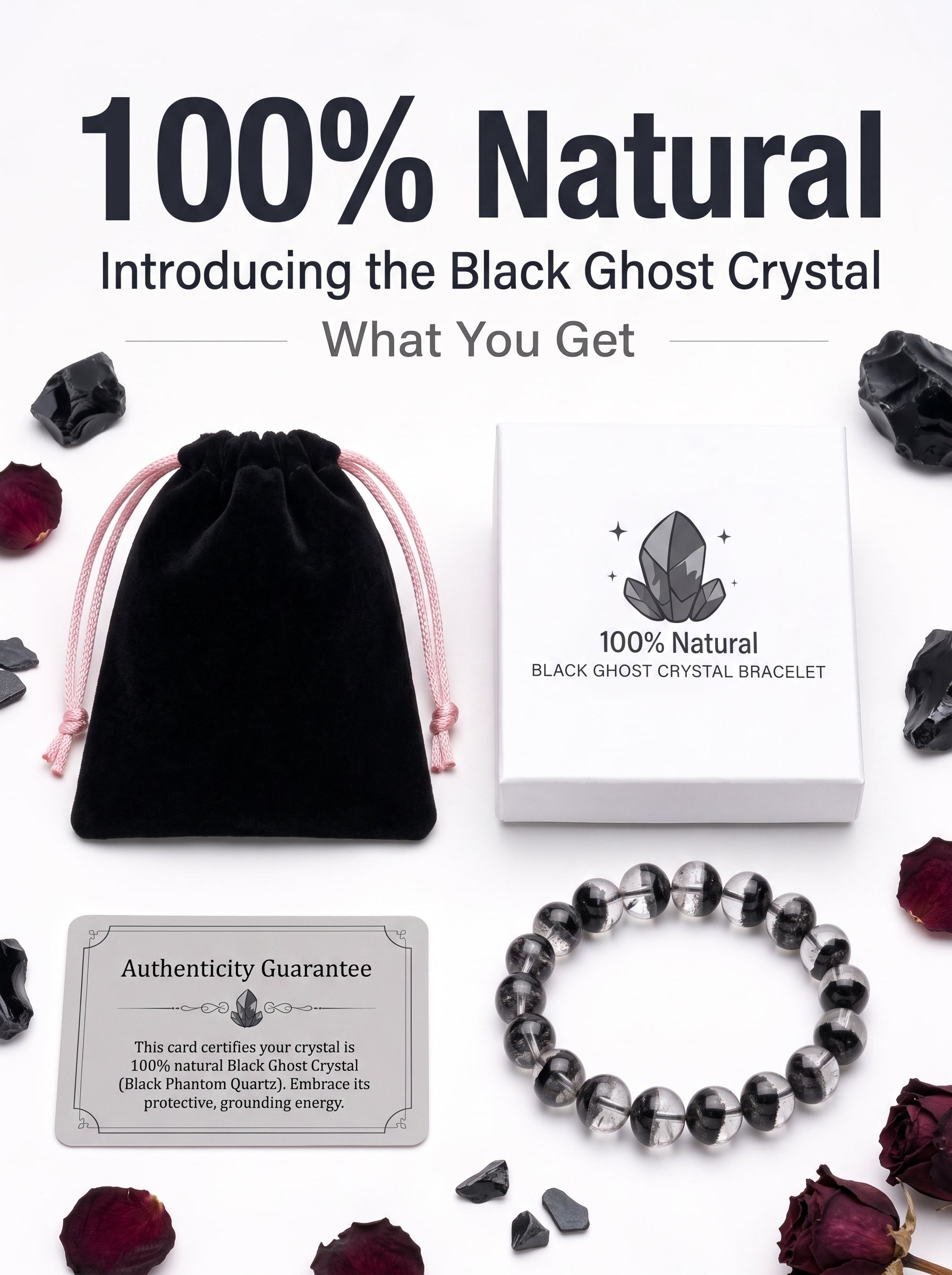 Premium Black Phantom Quartz Beaded Bracelet | Hand-Polished Natural Crystal Jewelry for Clarity & Protection