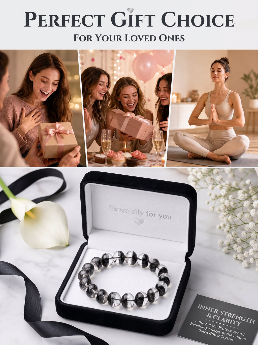 Premium Black Phantom Quartz Beaded Bracelet | Hand-Polished Natural Crystal Jewelry for Clarity & Protection