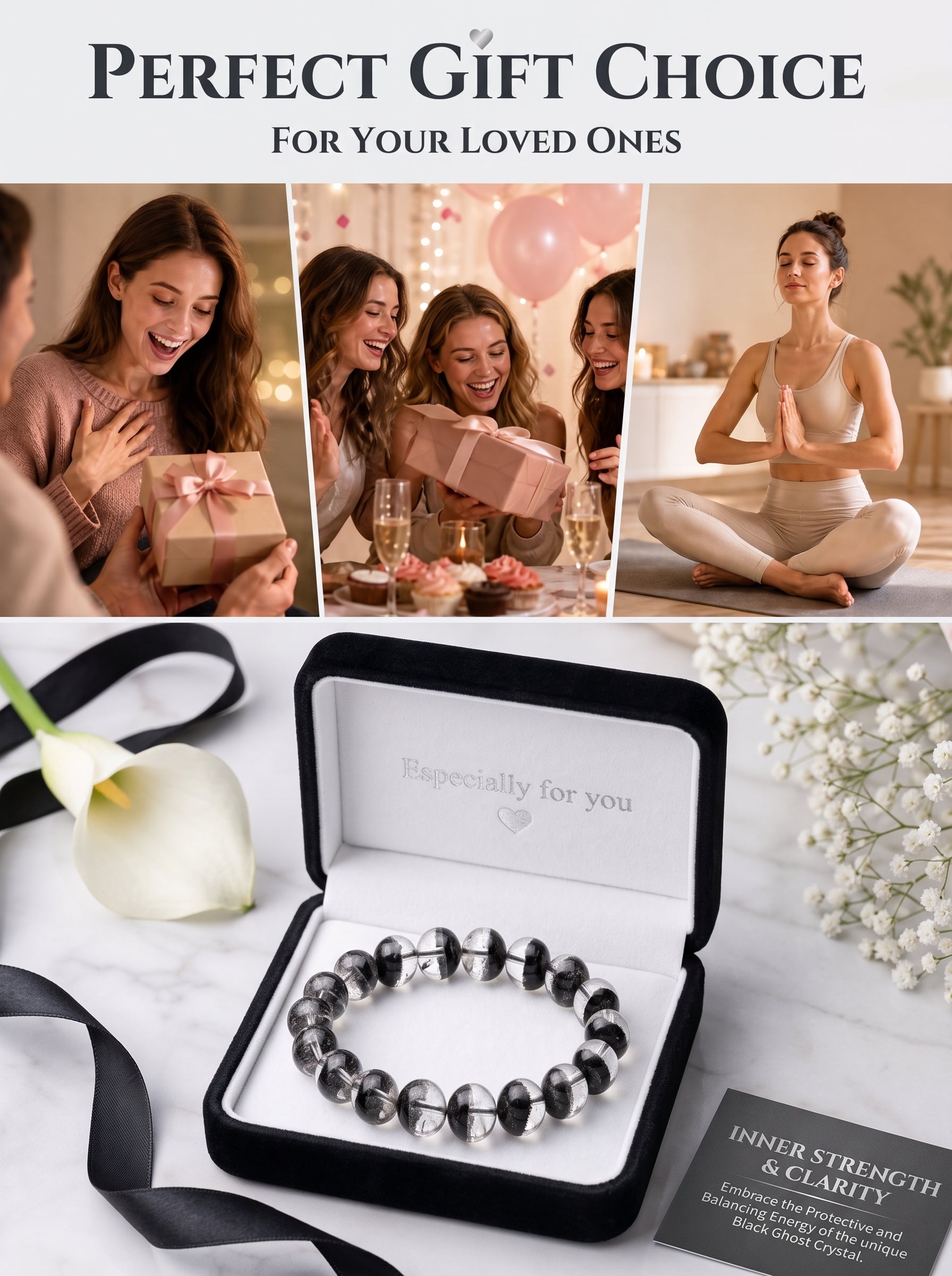 Premium Black Phantom Quartz Beaded Bracelet | Hand-Polished Natural Crystal Jewelry for Clarity & Protection