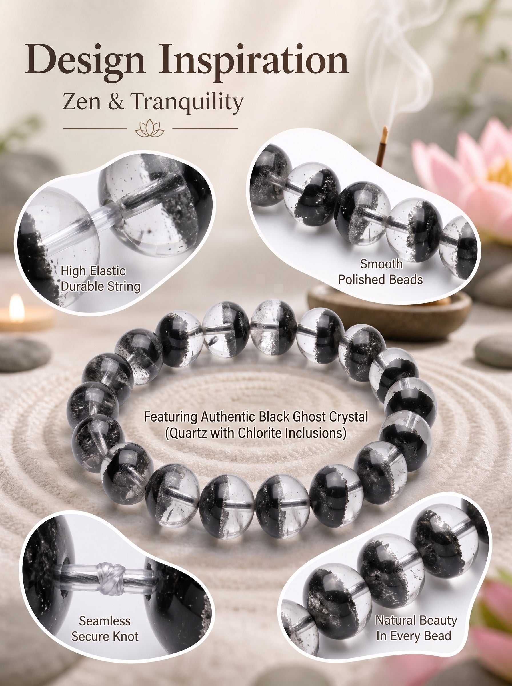 Premium Black Phantom Quartz Beaded Bracelet | Hand-Polished Natural Crystal Jewelry for Clarity & Protection