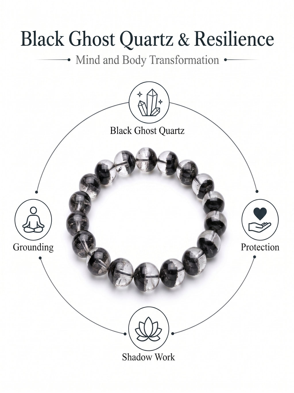 Premium Black Phantom Quartz Beaded Bracelet | Hand-Polished Natural Crystal Jewelry for Clarity & Protection