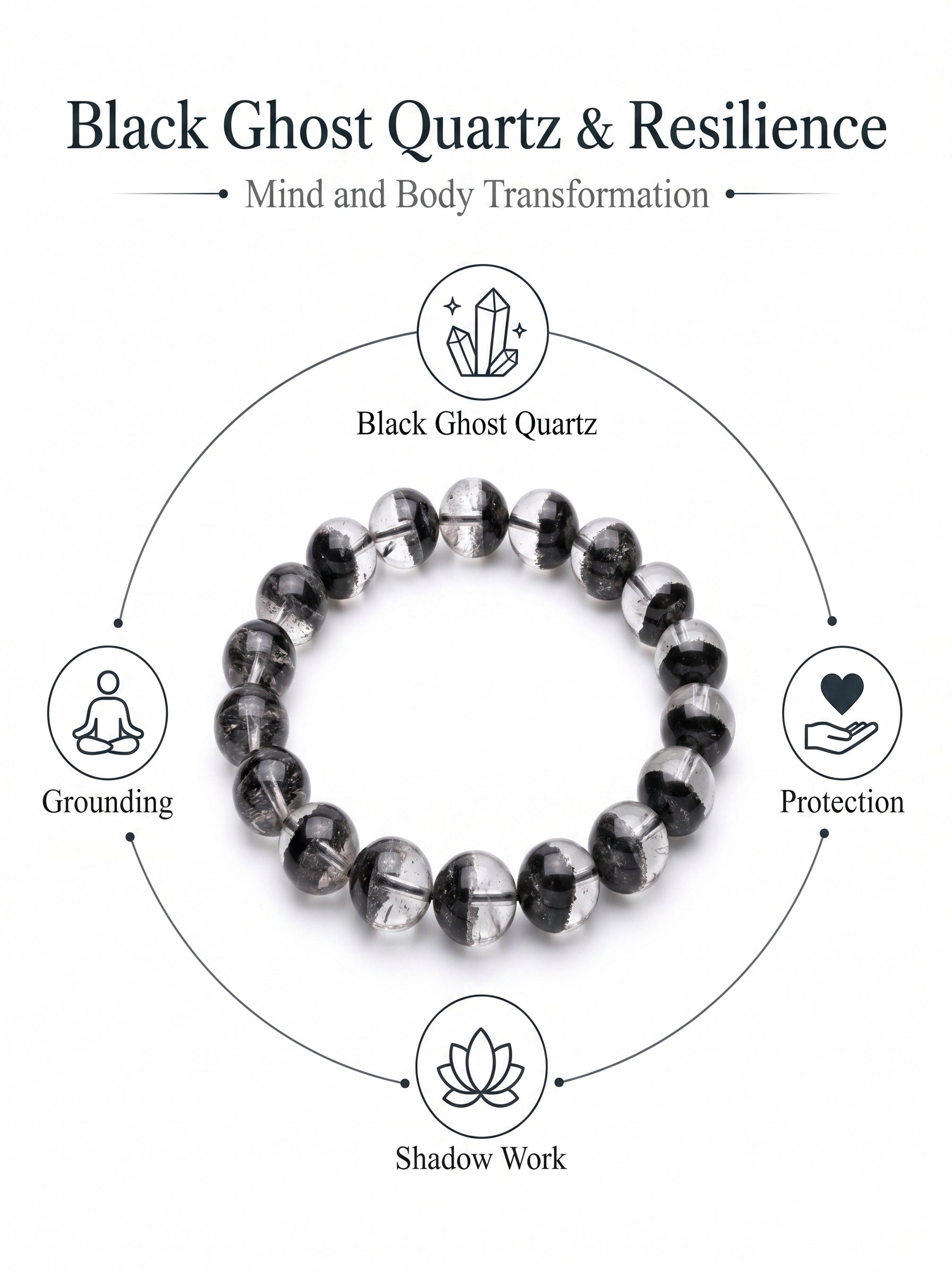 Premium Black Phantom Quartz Beaded Bracelet | Hand-Polished Natural Crystal Jewelry for Clarity & Protection