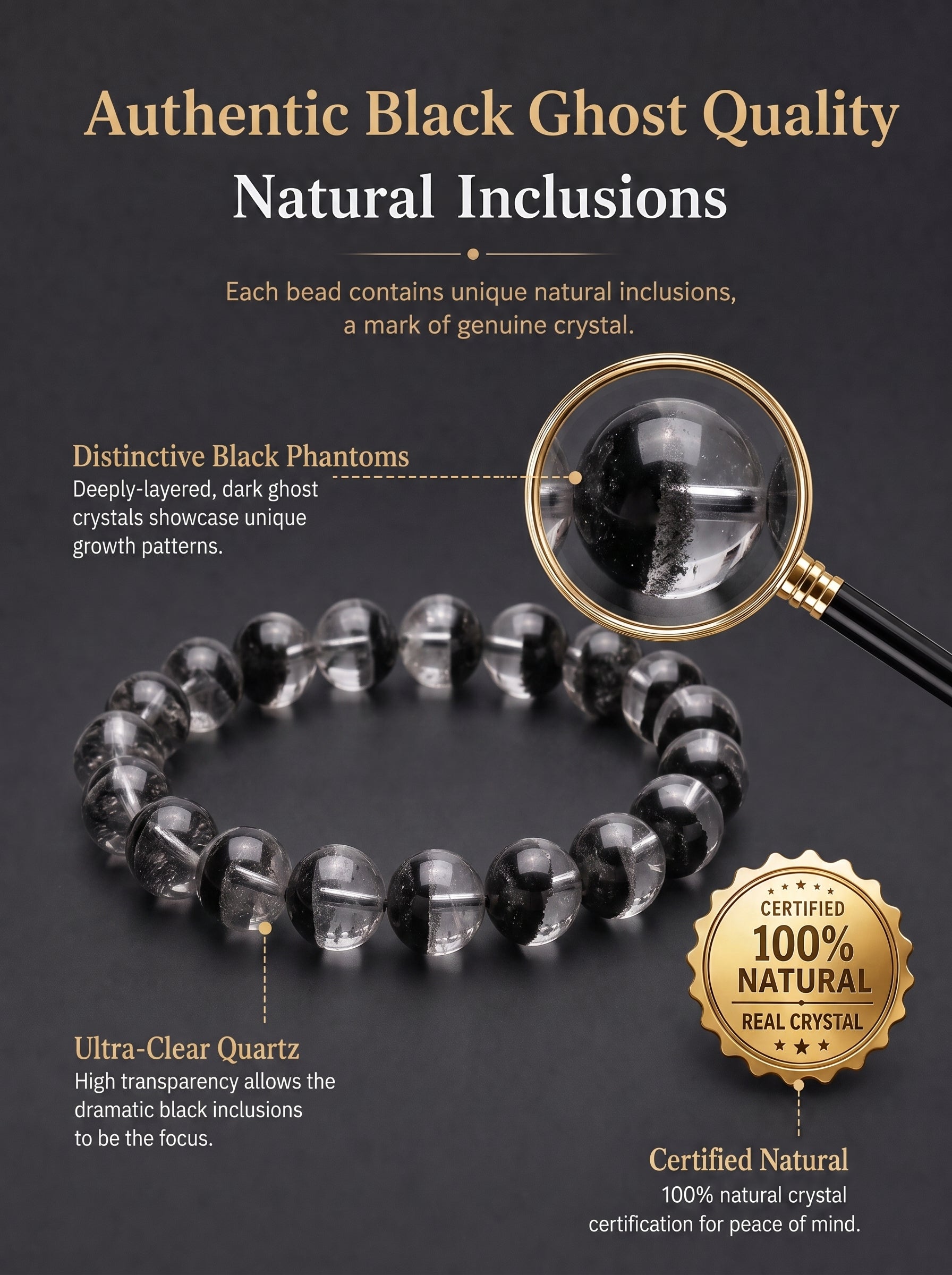 Premium Black Phantom Quartz Beaded Bracelet | Hand-Polished Natural Crystal Jewelry for Clarity & Protection