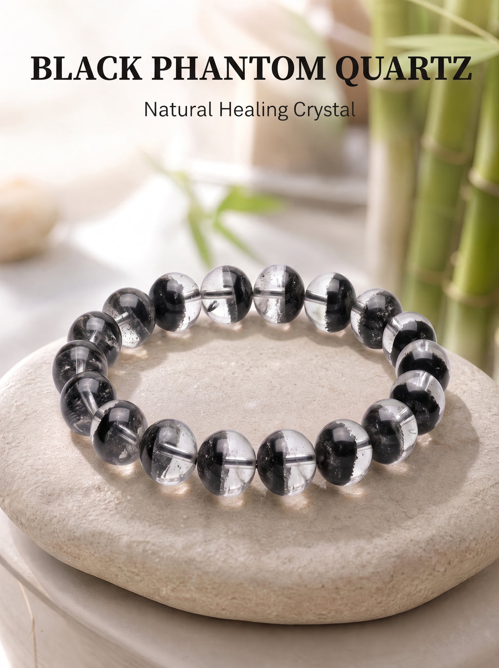 Premium Black Phantom Quartz Beaded Bracelet | Hand-Polished Natural Crystal Jewelry for Clarity & Protection