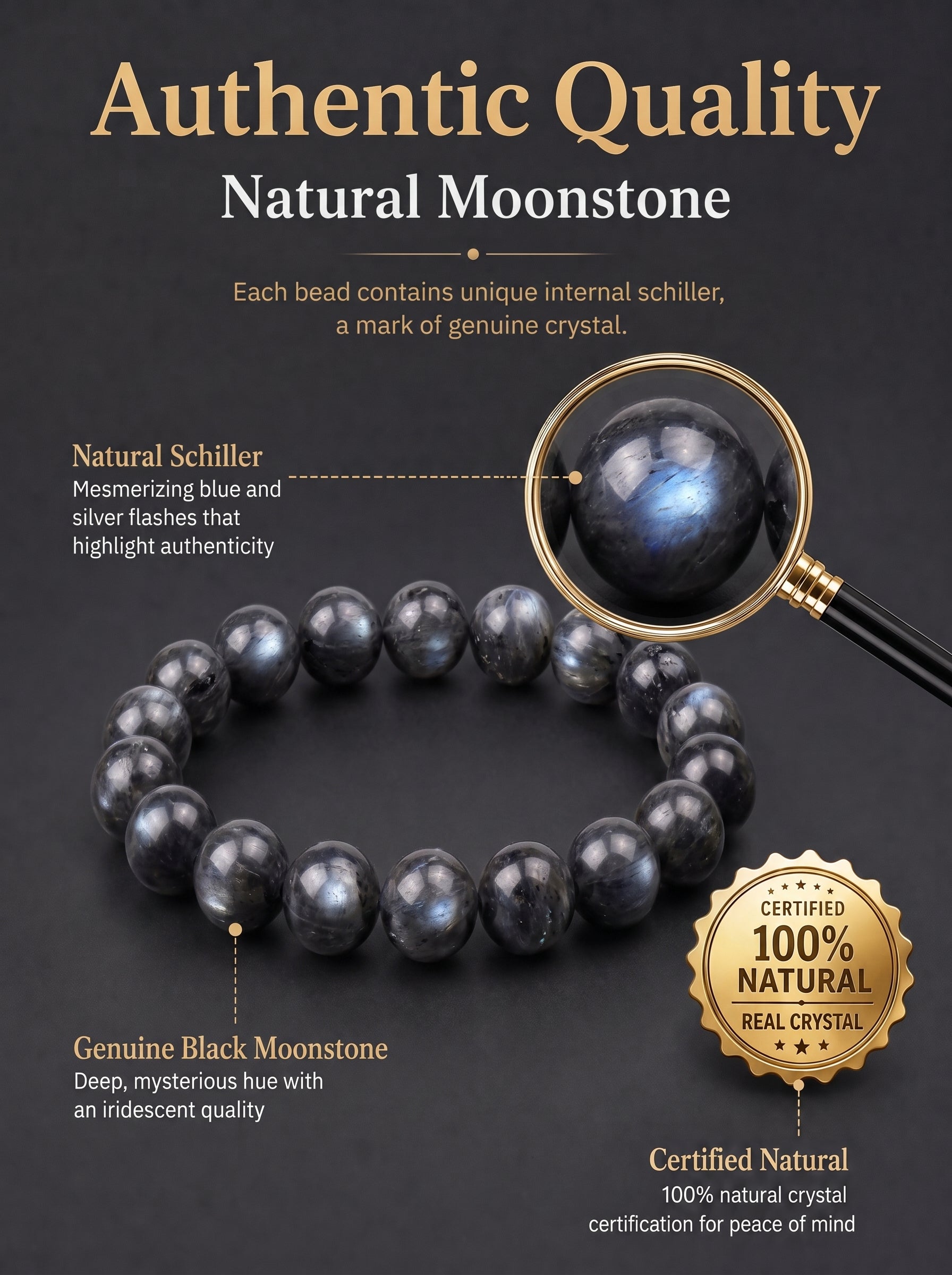 Premium Black Moonstone Beaded Bracelet | Hand-Polished Natural Gemstone Jewelry for Protection & Intuition