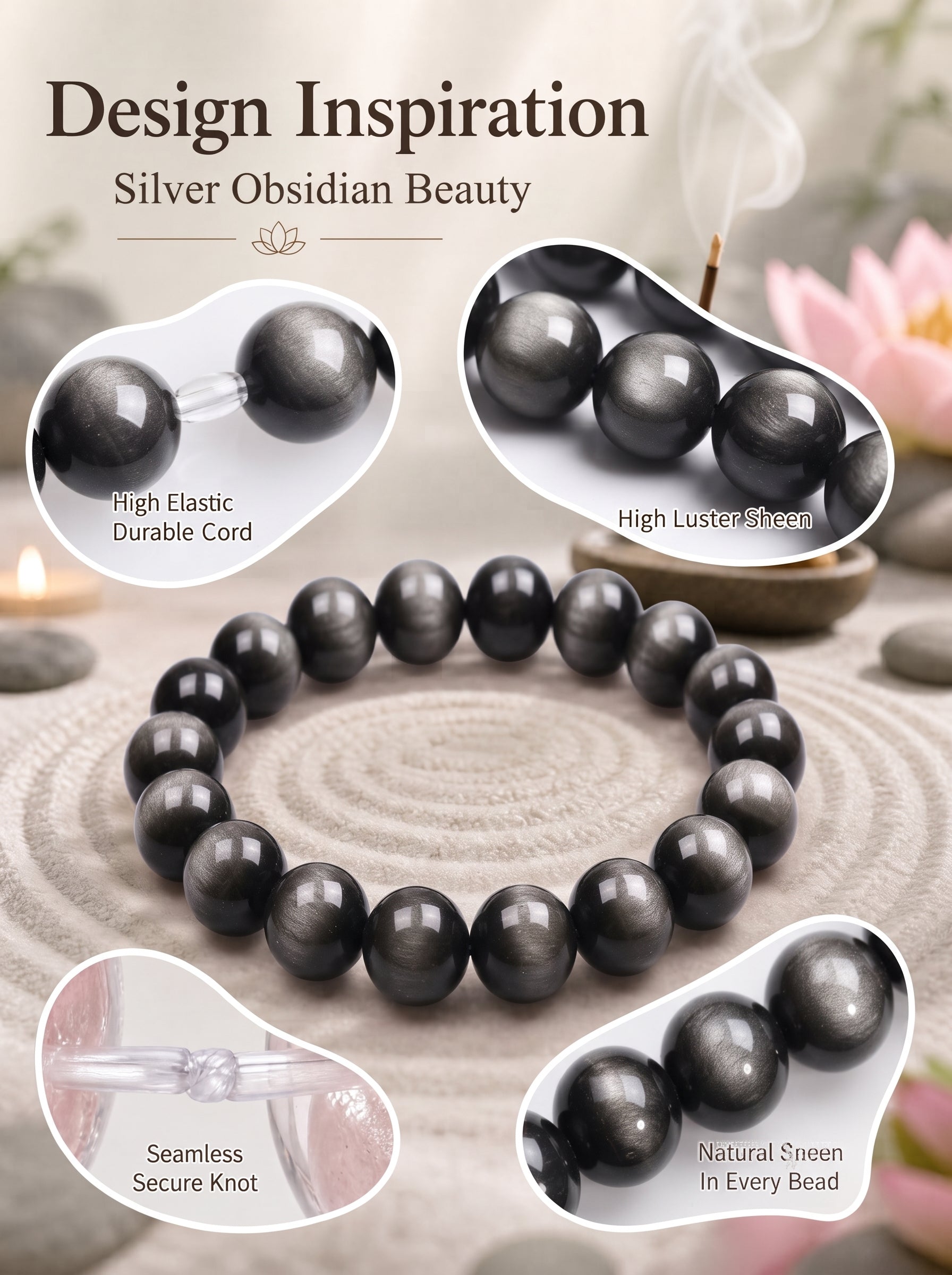Premium Silver Sheen Obsidian Beaded Bracelet | Hand-Polished Natural Gemstone Jewelry for Focus & Balance