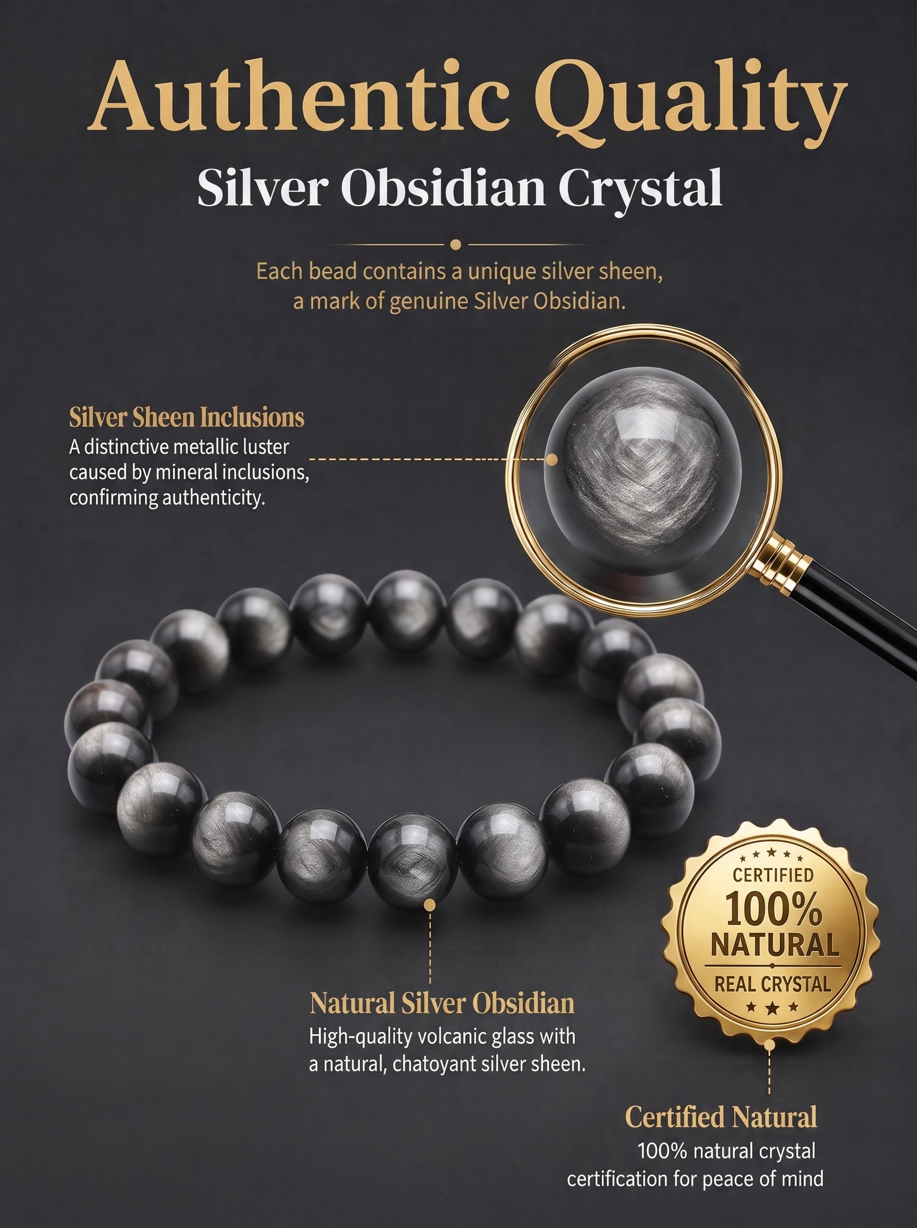 Premium Silver Sheen Obsidian Beaded Bracelet | Hand-Polished Natural Gemstone Jewelry for Focus & Balance